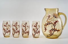 Emile Gallé, Service à orangeade Chardons Jaune Verre émaillé 6 Pieces, Chardons