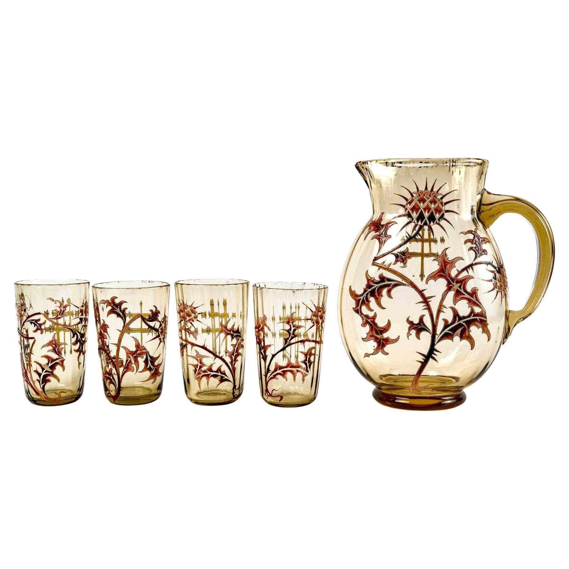 Emile Gallé, Orangeade Set Thistles Yellow Enameled Glass 5 Pieces