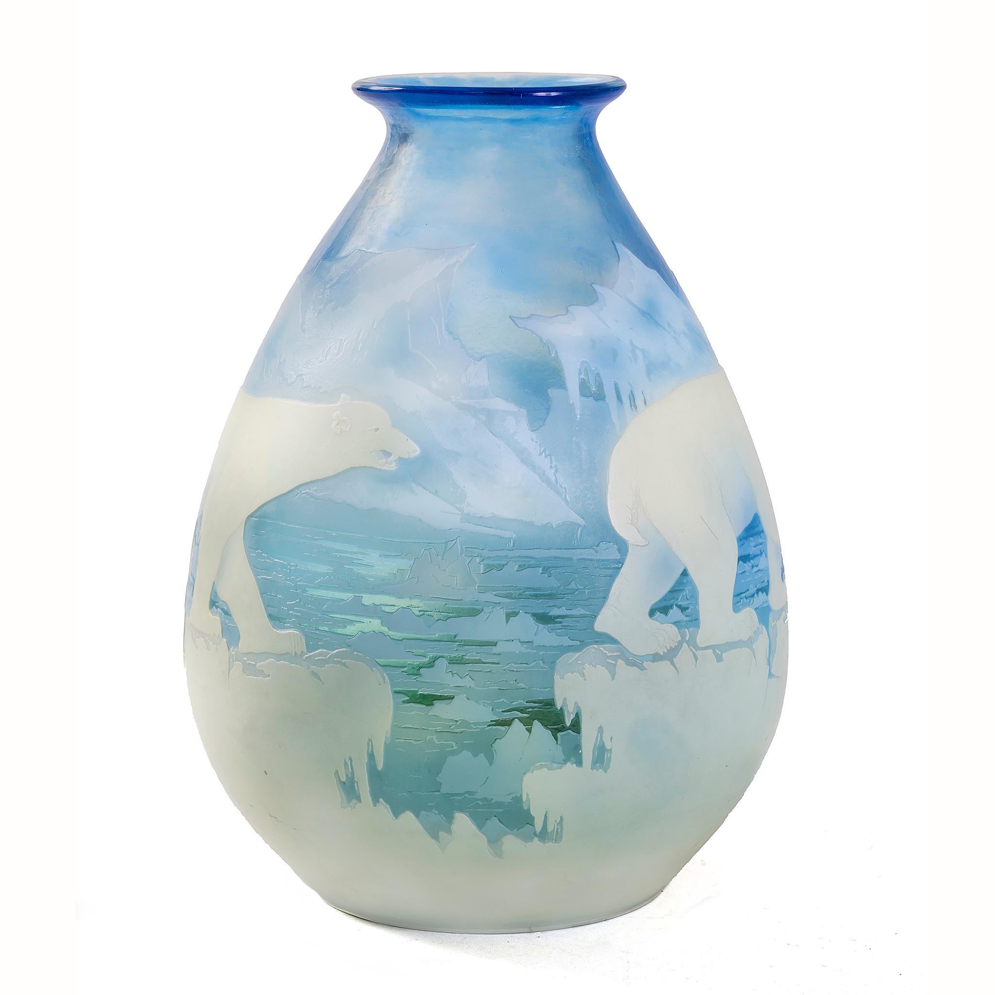 Art Nouveau Émile Gallé “Ours Polaires” Cameo Glass Vase For Sale