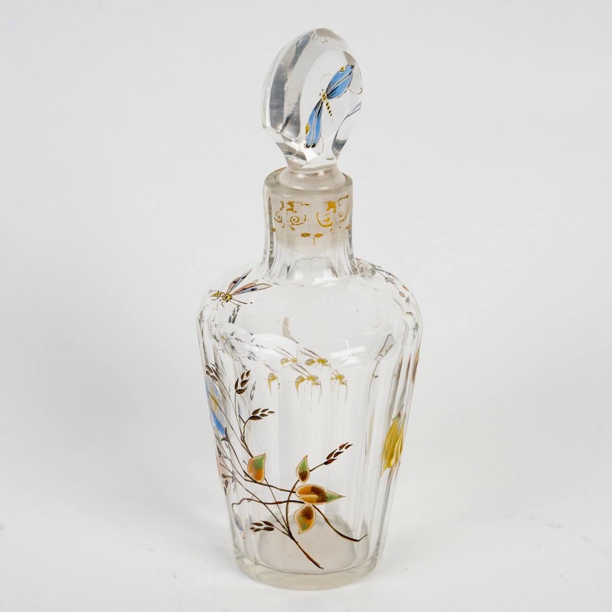 Art Deco Emile Gallé - Perfume Bottle Glass With Enameled Dragonfly, Bees And Flowers