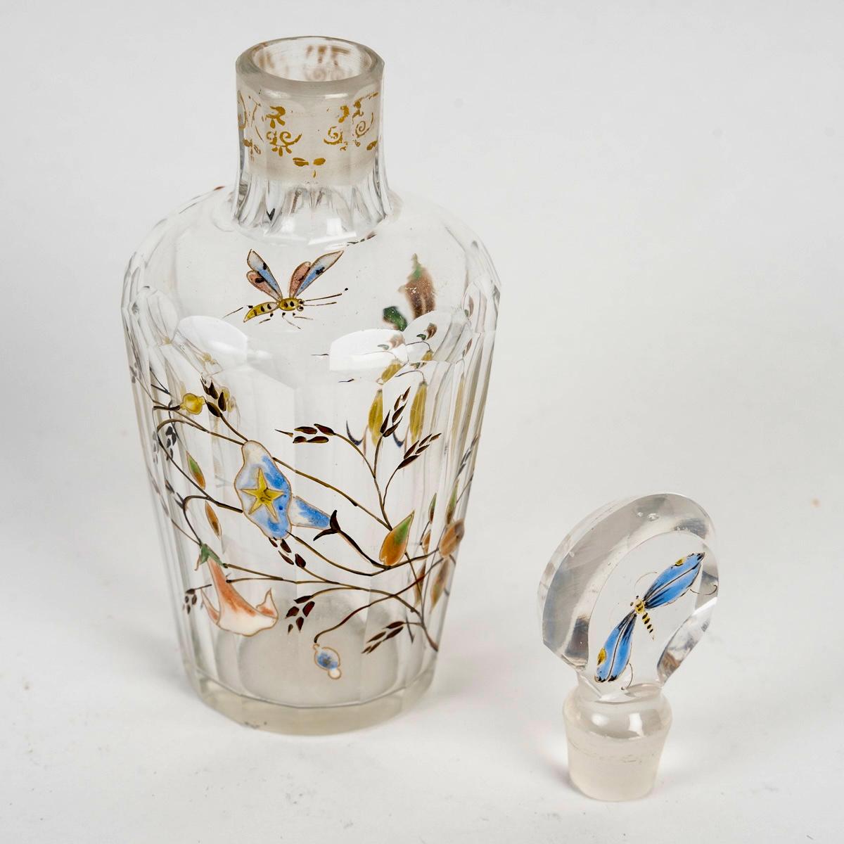 French Emile Gallé - Perfume Bottle Glass With Enameled Dragonfly, Bees And Flowers