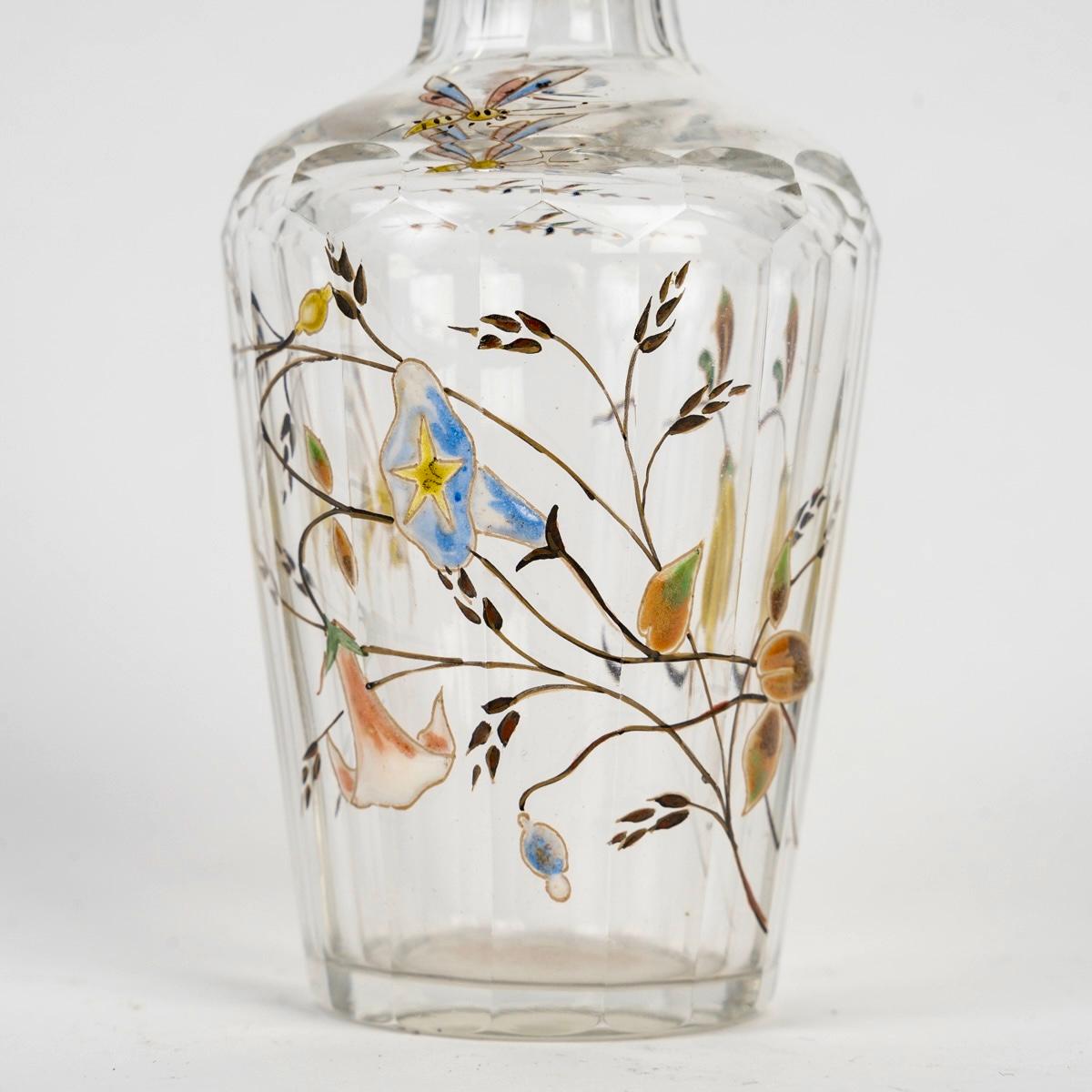 Molded Emile Gallé - Perfume Bottle Glass With Enameled Dragonfly, Bees And Flowers
