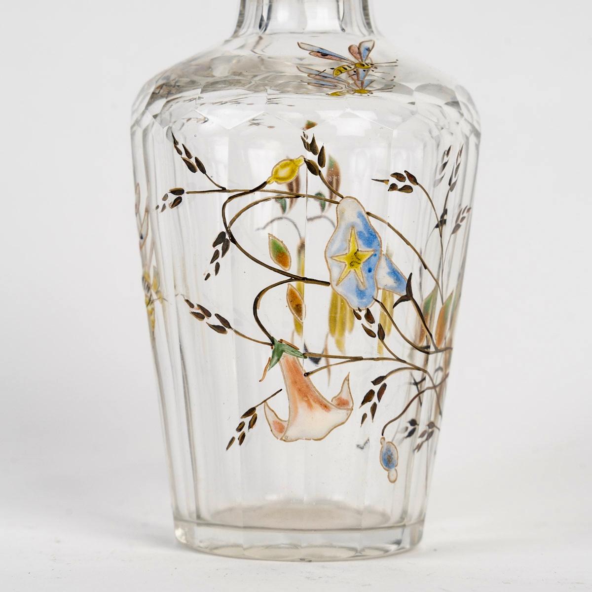 Emile Gallé - Perfume Bottle Glass With Enameled Dragonfly, Bees And Flowers In Good Condition In Boulogne Billancourt, FR