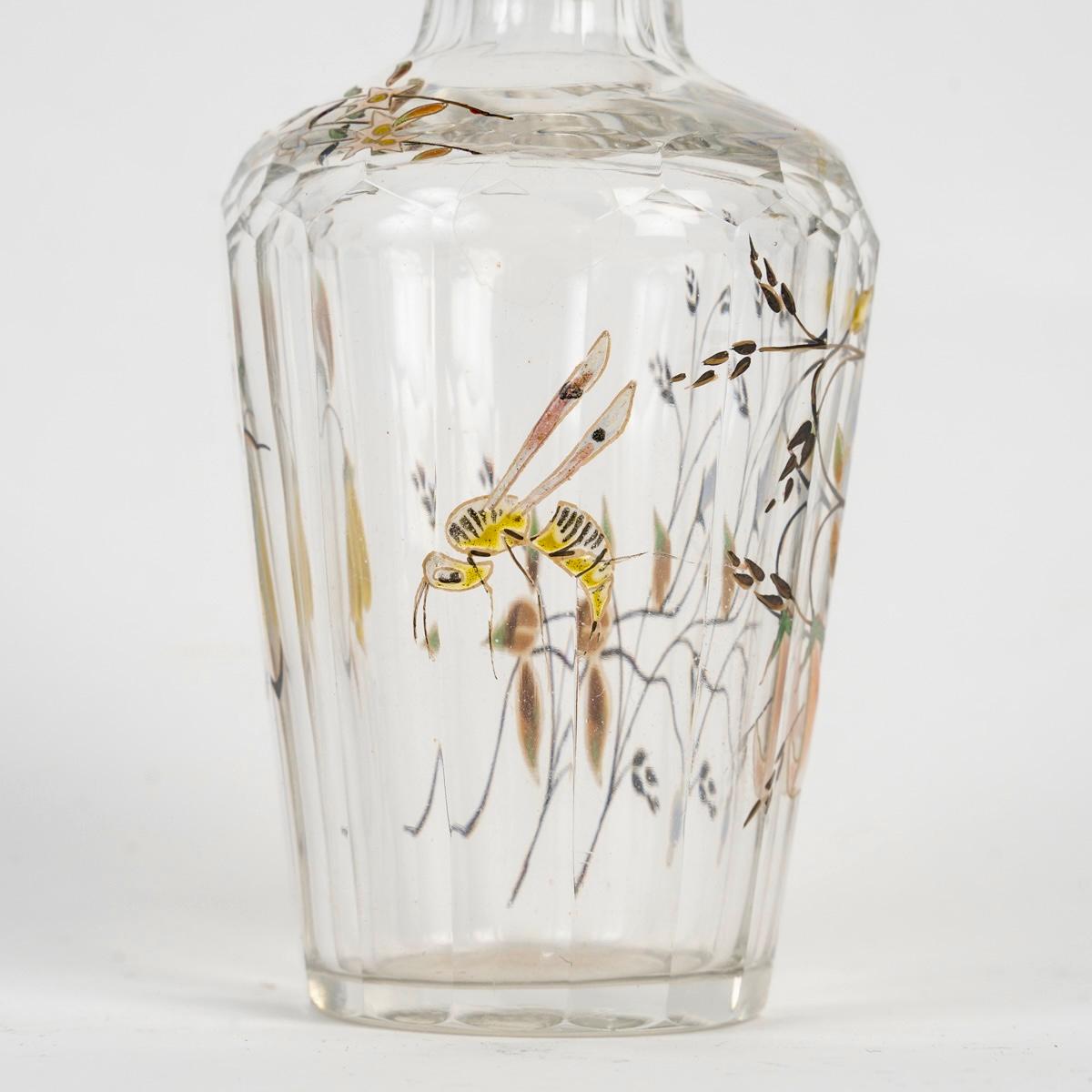 Early 20th Century Emile Gallé - Perfume Bottle Glass With Enameled Dragonfly, Bees And Flowers