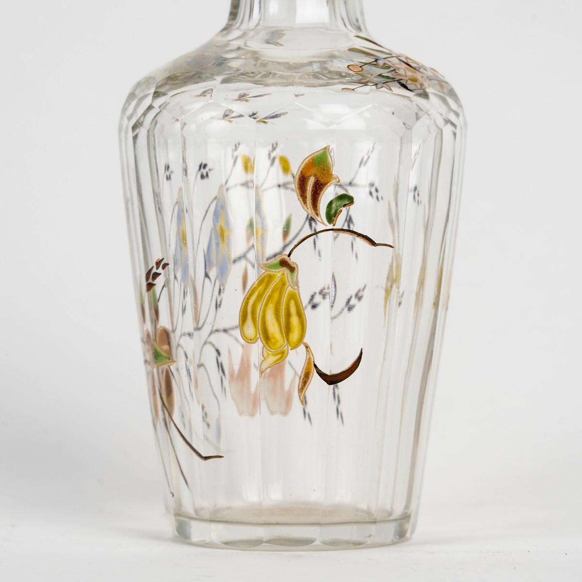 Blown Glass Emile Gallé - Perfume Bottle Glass With Enameled Dragonfly, Bees And Flowers