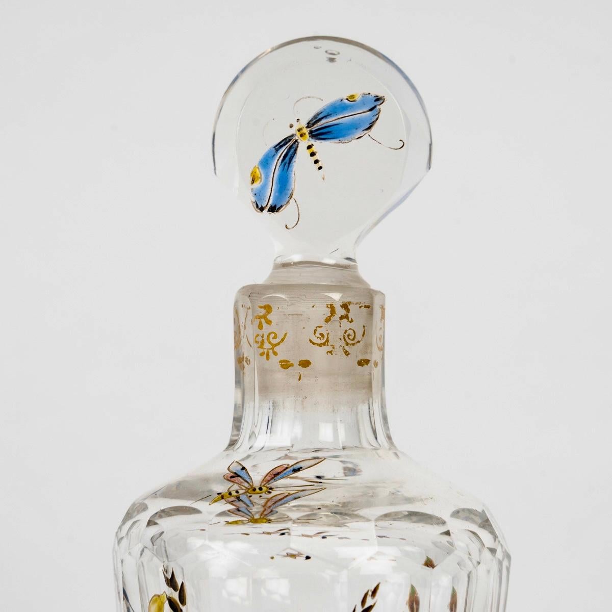 Emile Gallé - Perfume Bottle Glass With Enameled Dragonfly, Bees And Flowers 1