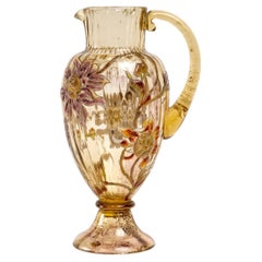 Emile Gallé, Pichet Dahlias Jaune Brun Verre gravé à l'acide et émaillé
