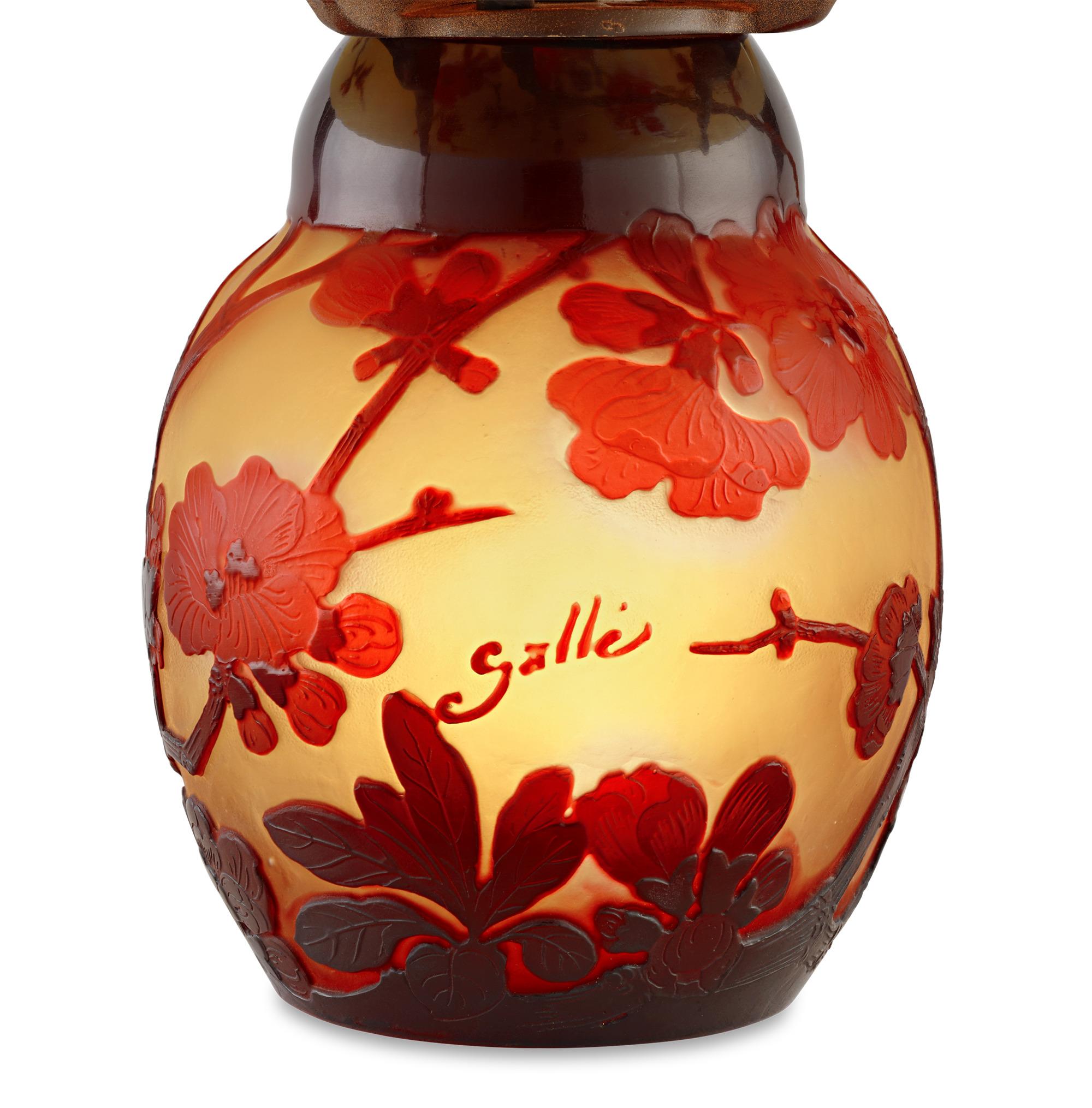 Etched Émile Gallé Pointed Top Cameo Glass Lamp