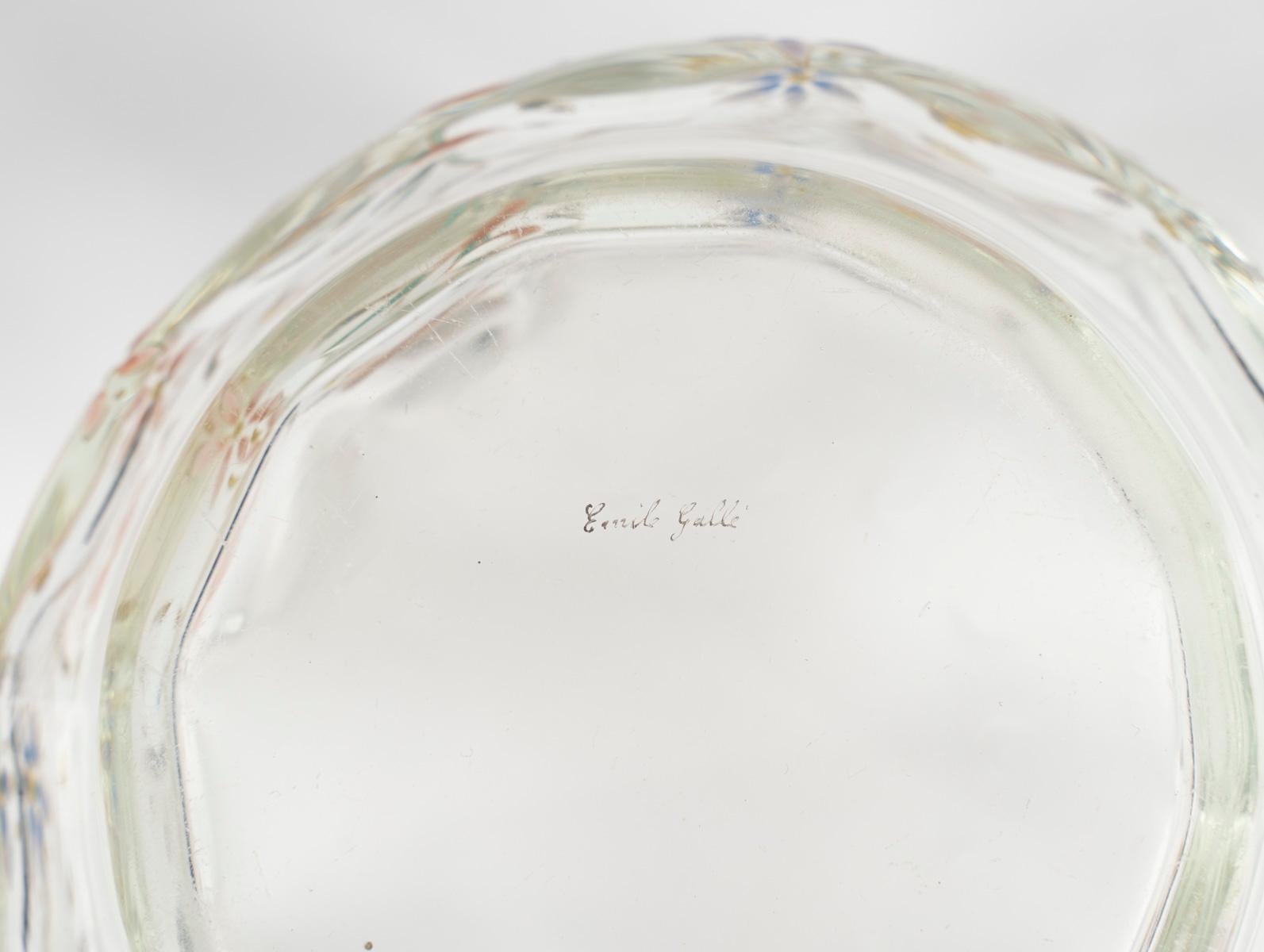 French émile Gallé, Polylobed Cup In Enameled Glass With Dragonfly Decor, Art Nouveau For Sale