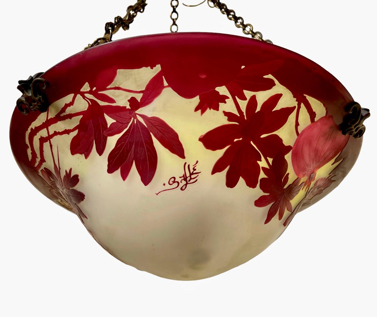 Very beautiful chandelier / ceiling light with large glass paste basin decorated with pomegranates signed 