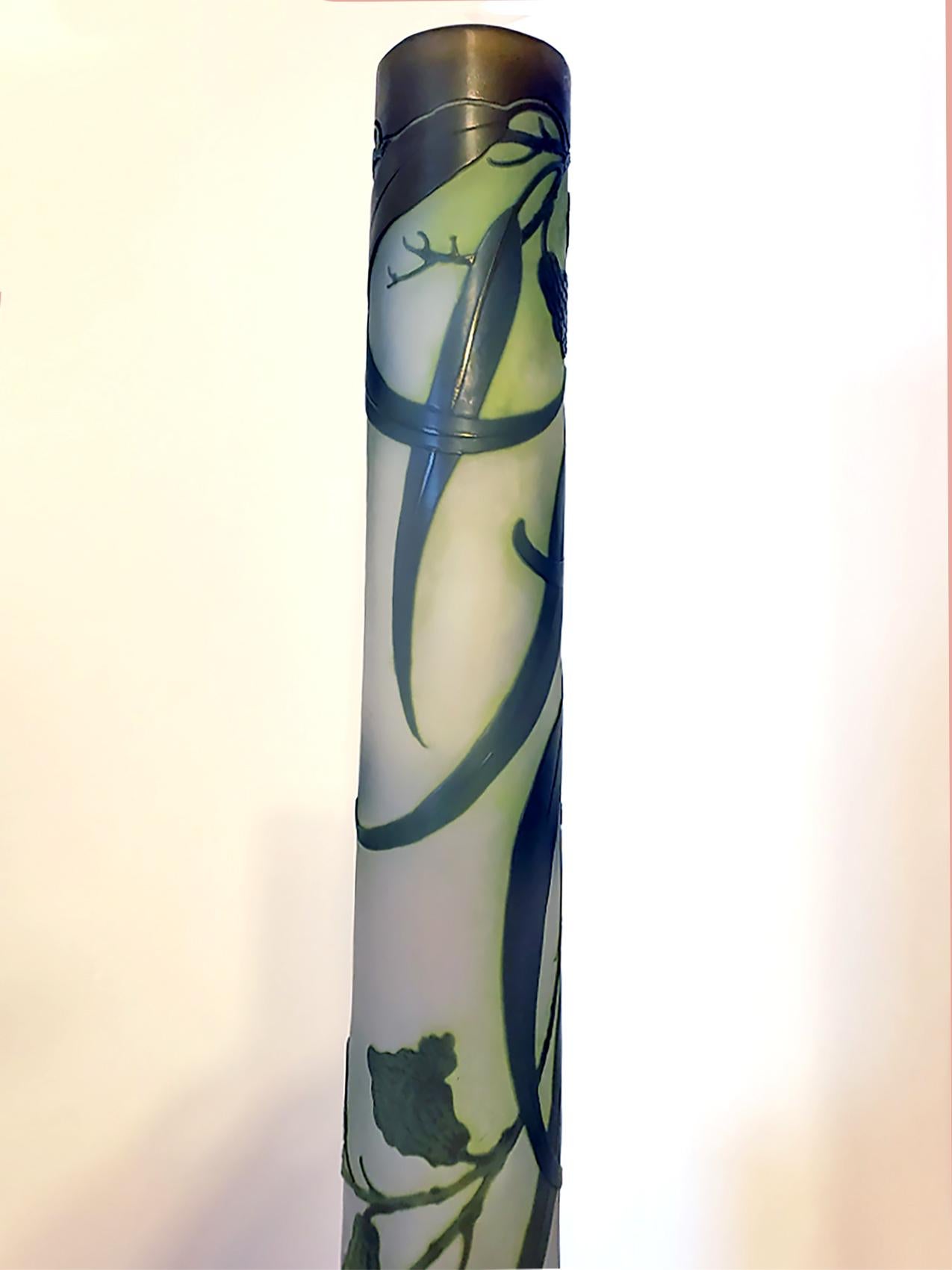 Galle Cameo Vase Art Nouveau  French Art Glass Vase Green Floral 22.5 inch tall  2