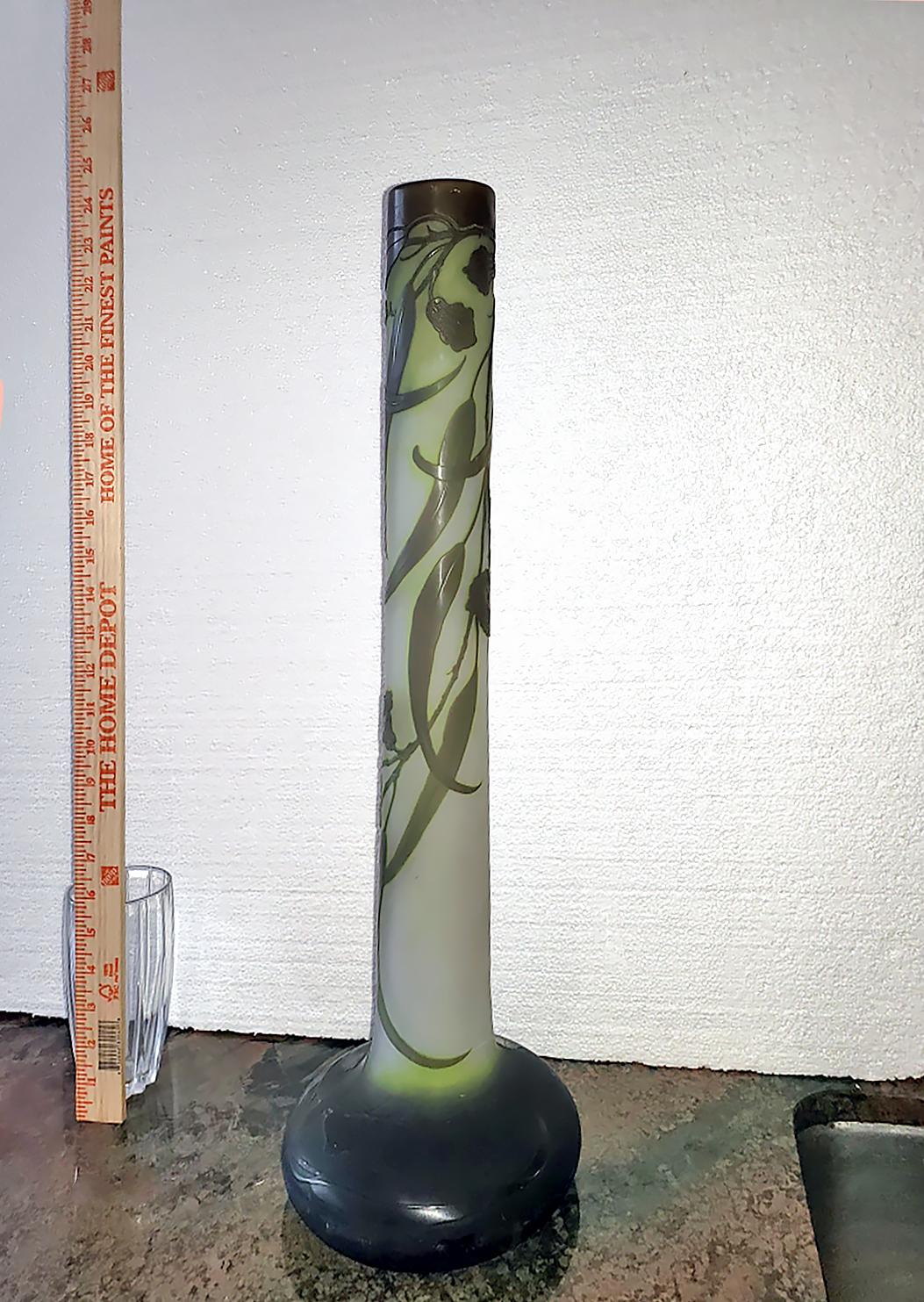 Galle Cameo Vase Art Nouveau  French Art Glass Vase Green Floral 22.5 inch tall  5
