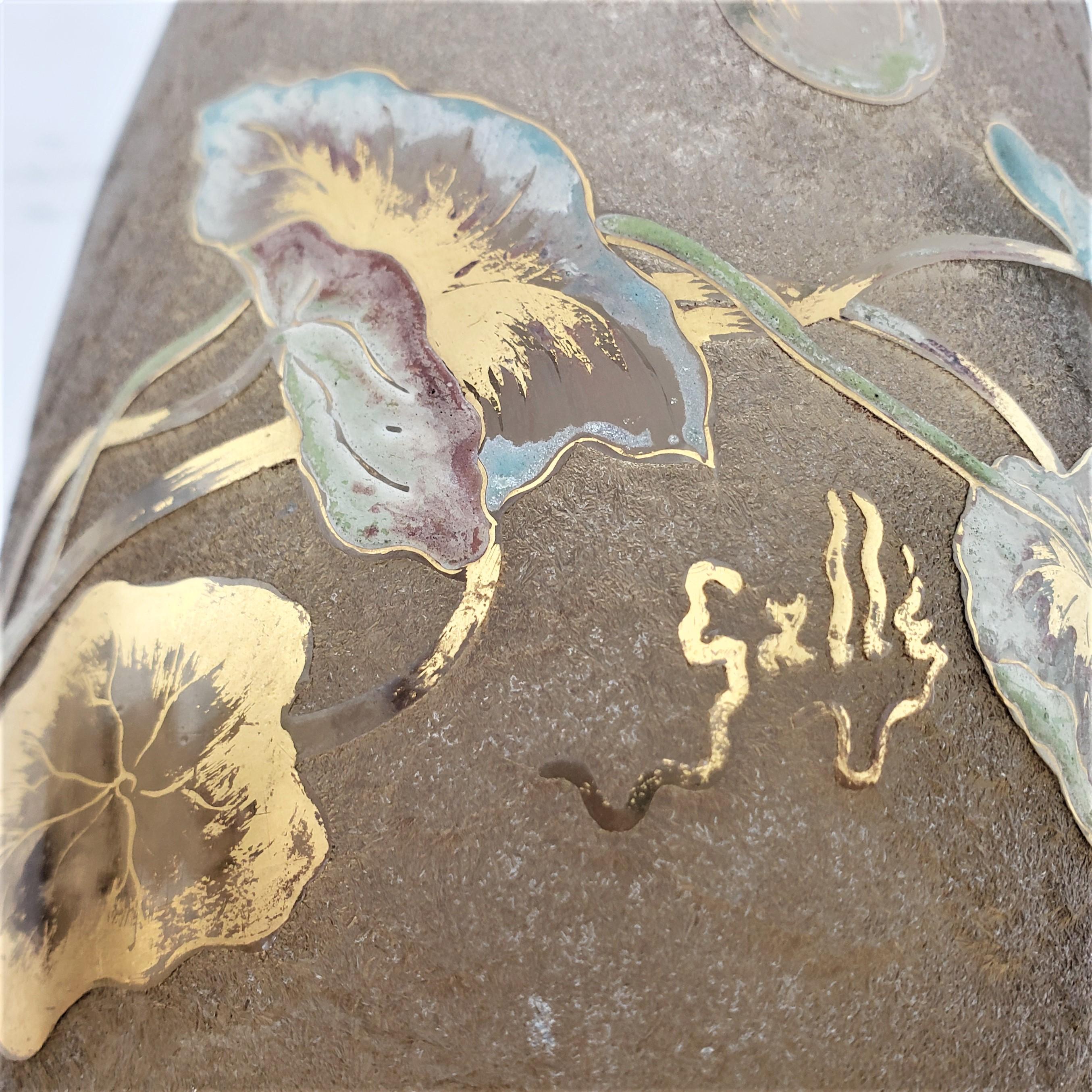Emile Galle Signed Antique Acid Etched Vase with Gilt & Enamel Floral Decoration 2