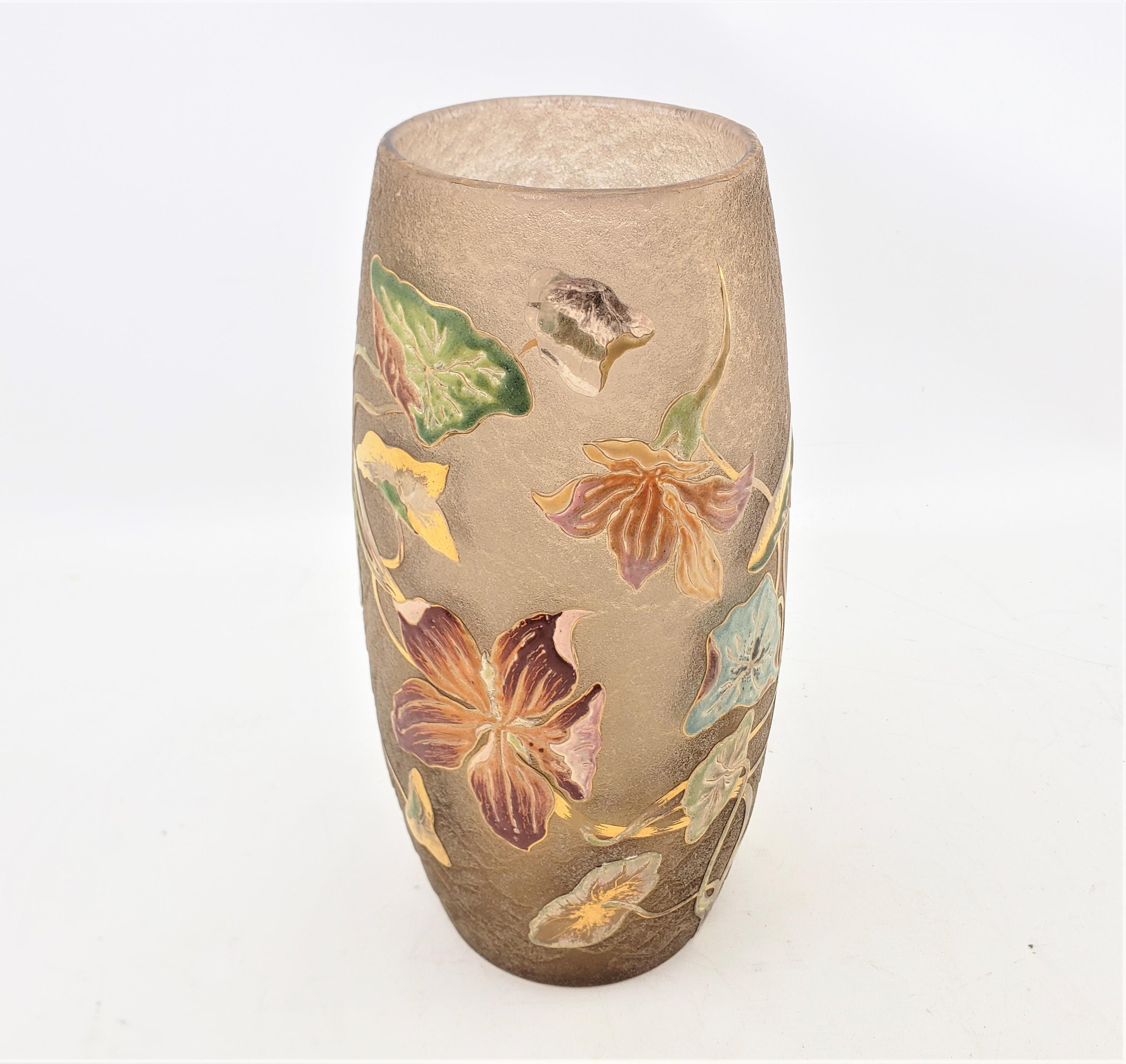 Art Nouveau Emile Galle Signed Antique Acid Etched Vase with Gilt & Enamel Floral Decoration