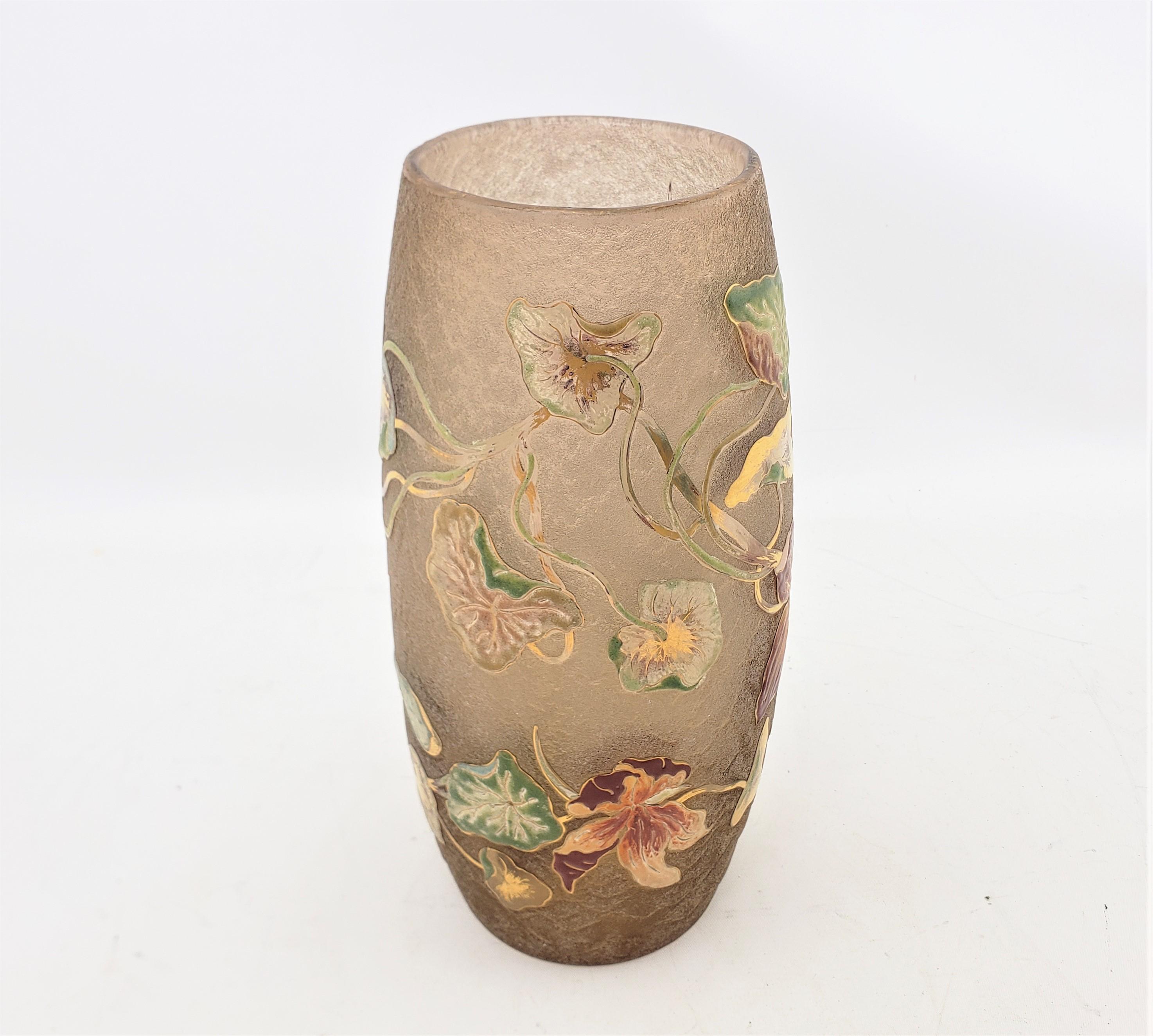 French Emile Galle Signed Antique Acid Etched Vase with Gilt & Enamel Floral Decoration