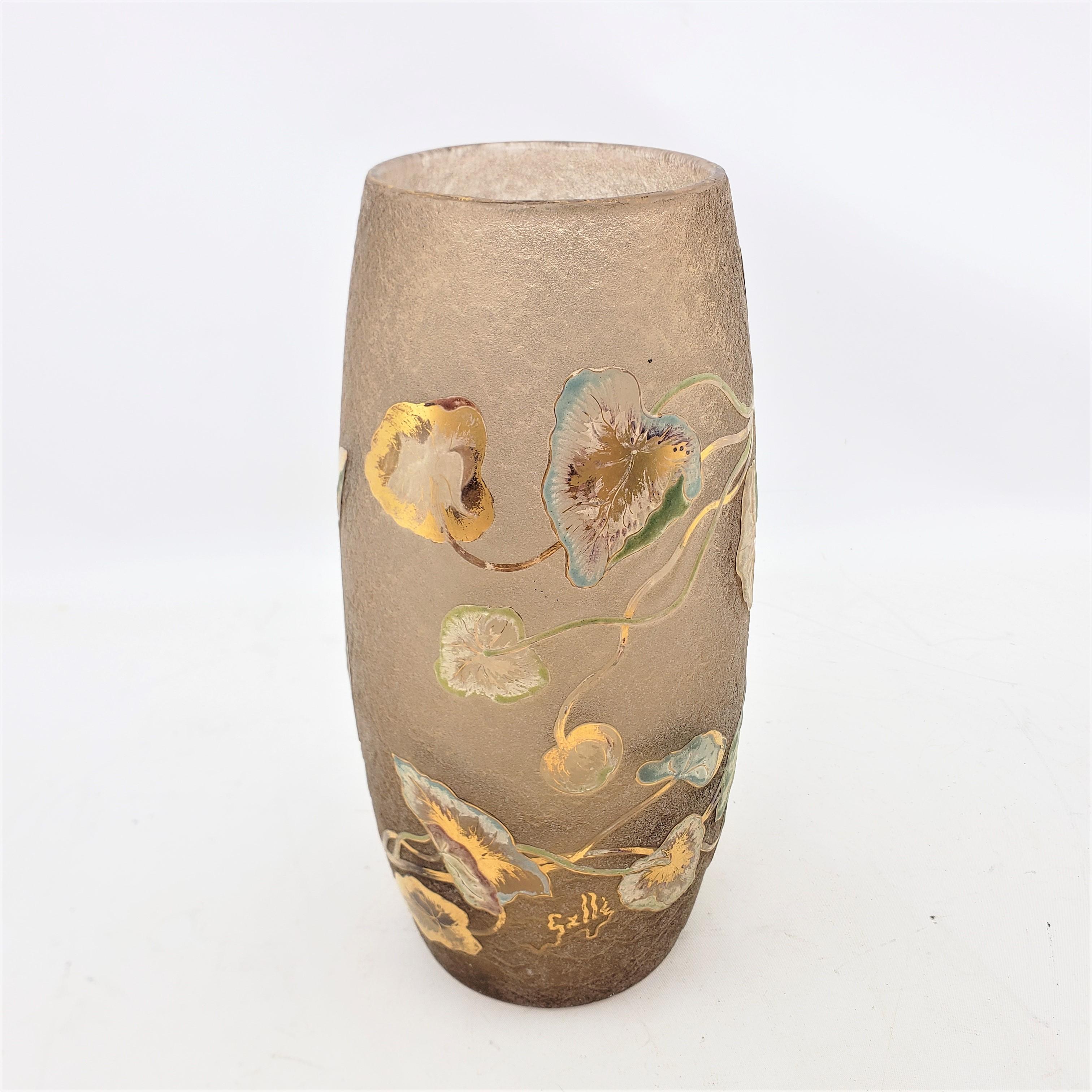 Hand-Crafted Emile Galle Signed Antique Acid Etched Vase with Gilt & Enamel Floral Decoration
