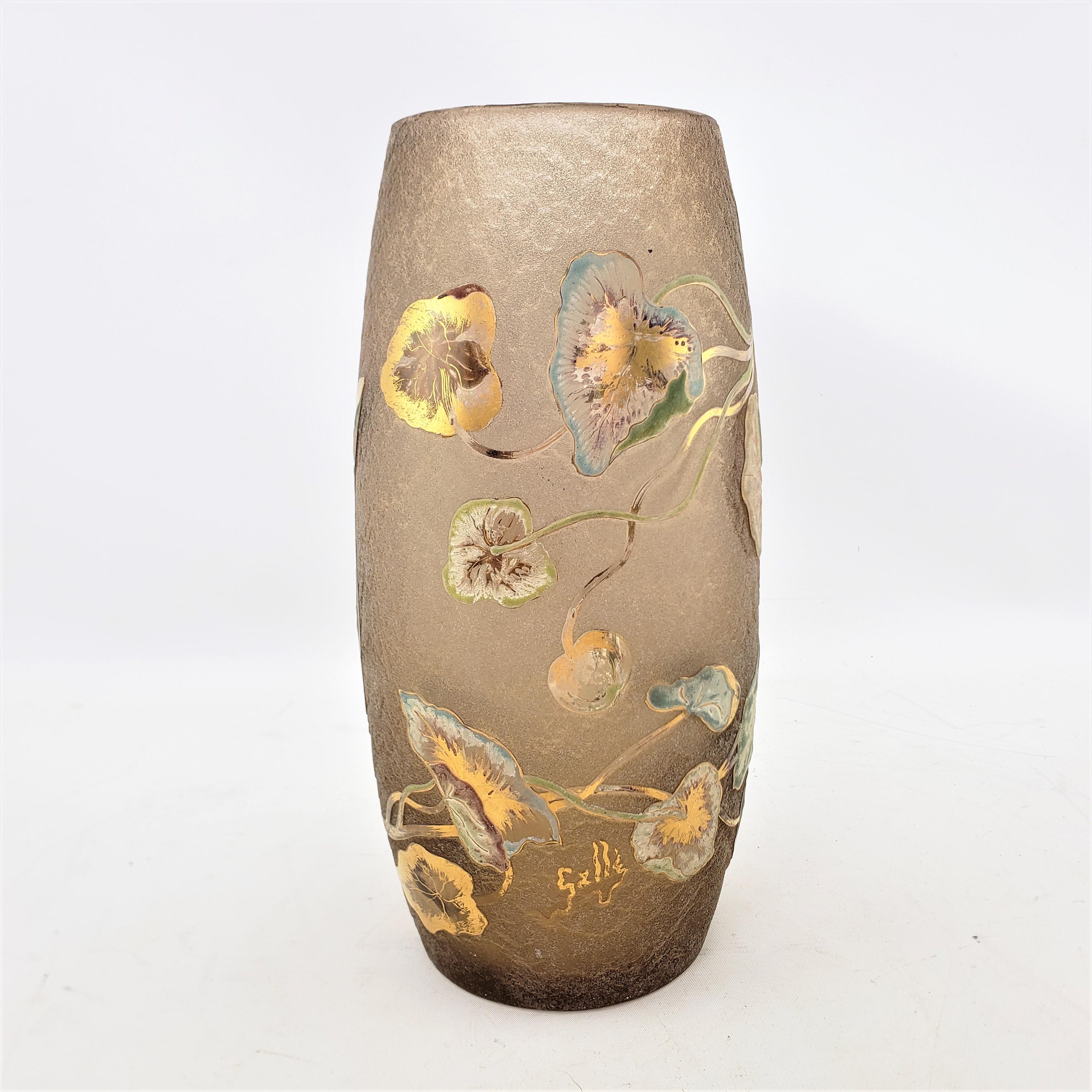 Emile Galle Signed Antique Acid Etched Vase with Gilt & Enamel Floral Decoration In Good Condition In Hamilton, Ontario