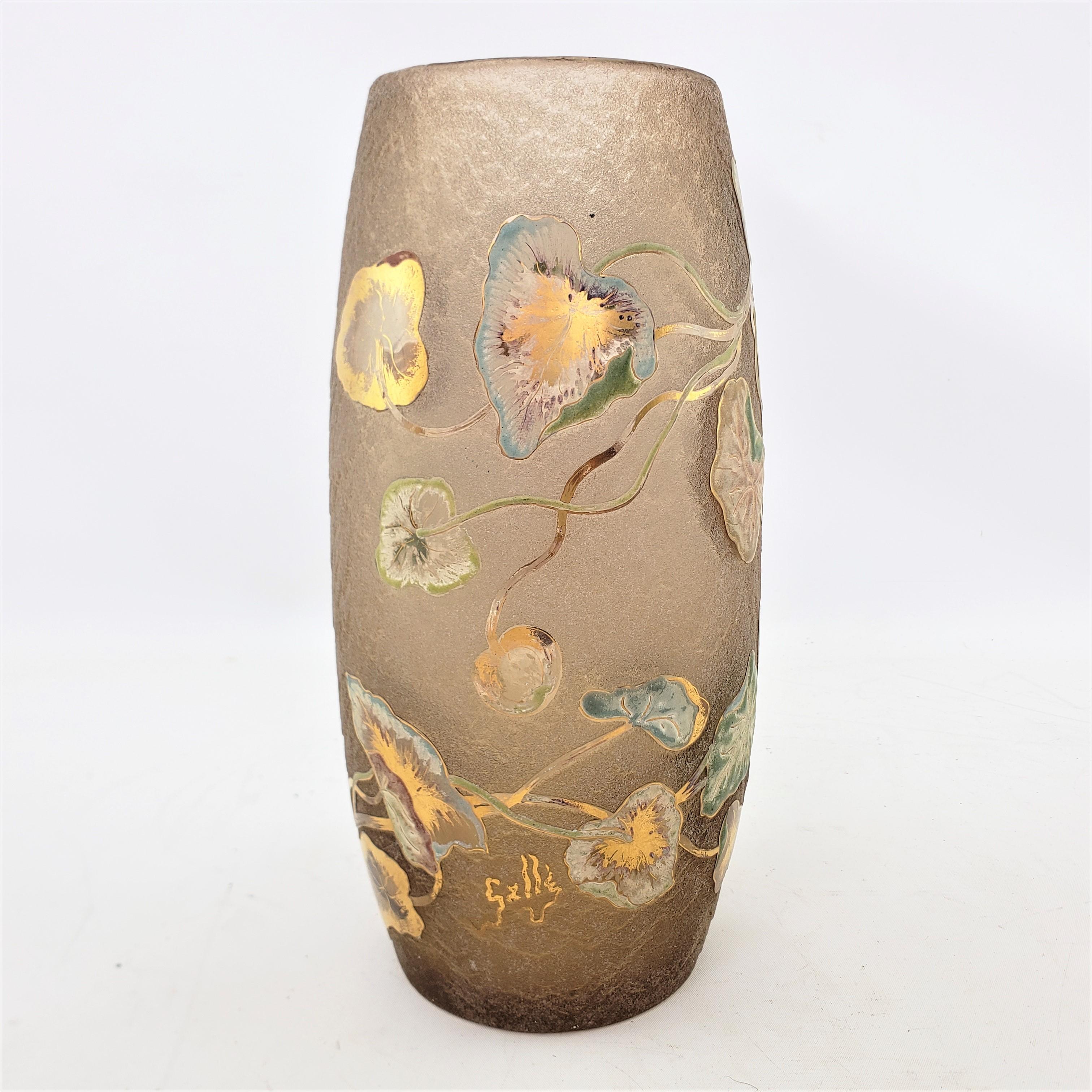 Emile Galle Signed Antique Acid Etched Vase with Gilt & Enamel Floral Decoration 1