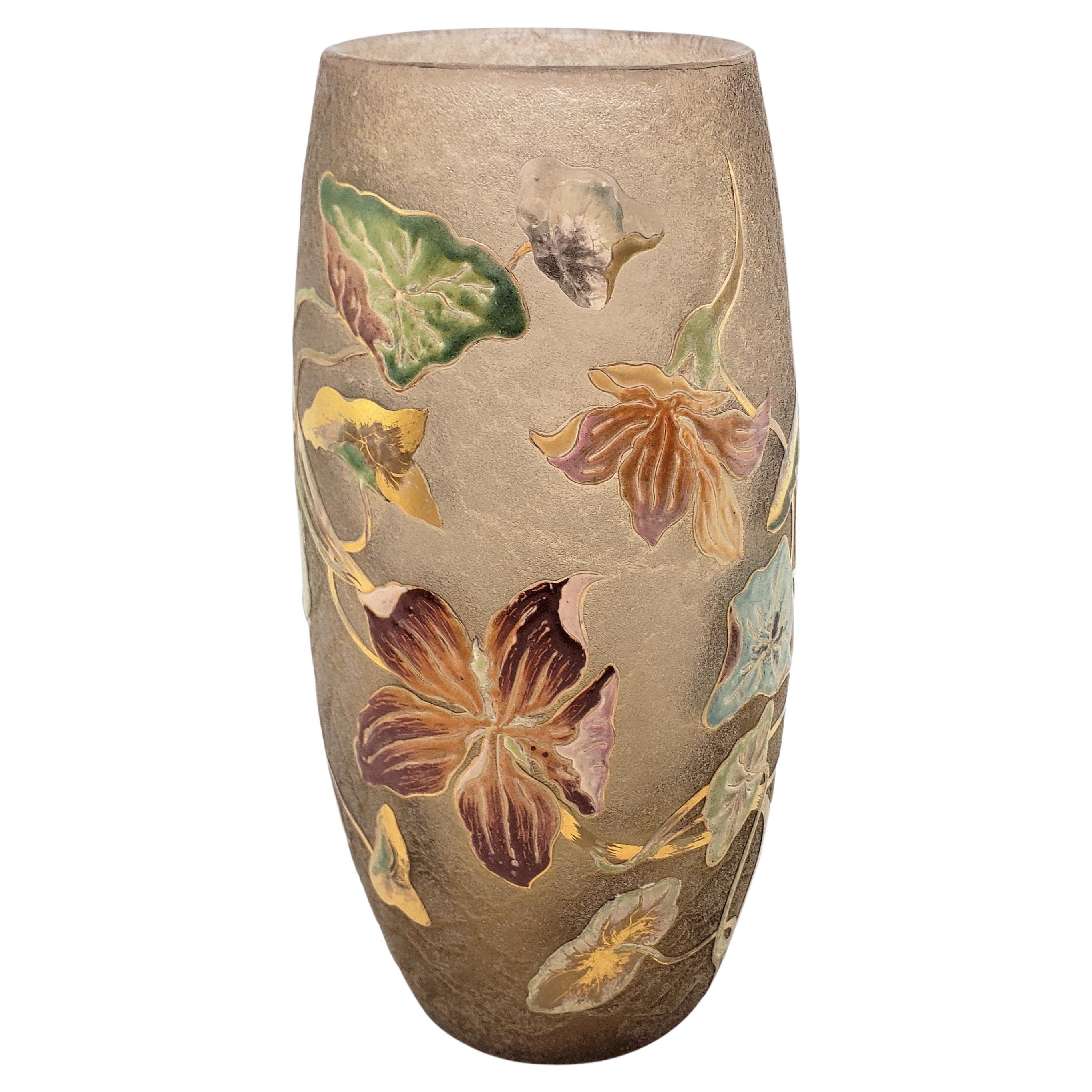 Emile Galle Signed Antique Acid Etched Vase with Gilt & Enamel Floral Decoration