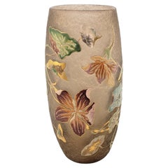 Emile Galle Signed Antique Acid Etched Vase with Gilt & Enamel Floral Decoration