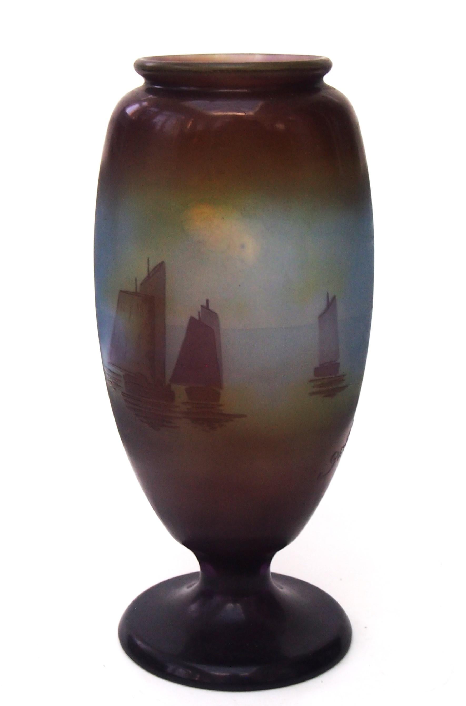 Art Nouveau Emile Galle signed Sailing ships cameo glass vase c1920  For Sale