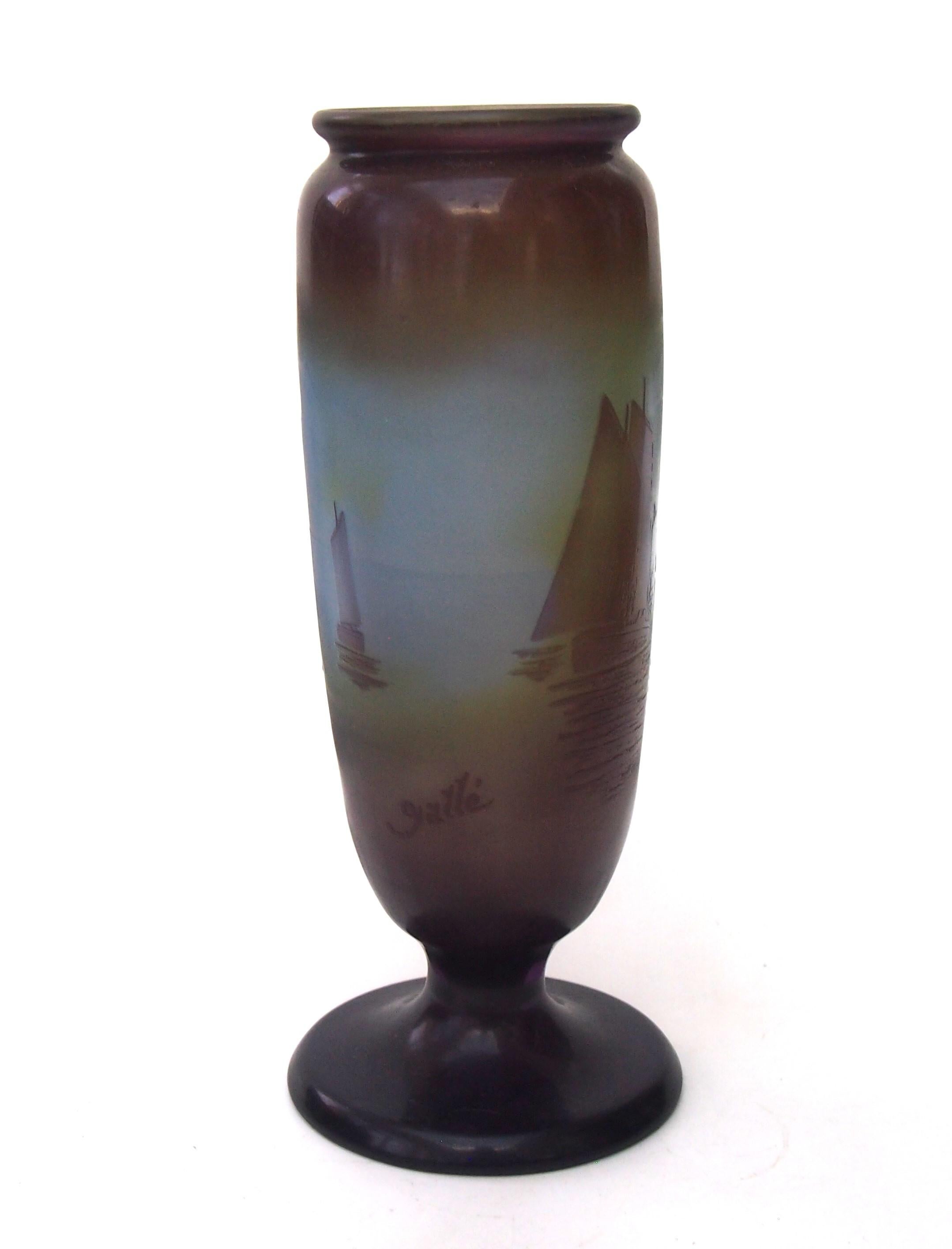 French Emile Galle signed Sailing ships cameo glass vase c1920  For Sale
