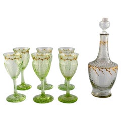 Emile Gallé, six verres à vin et une carafe en verre d'art, anciens et rares