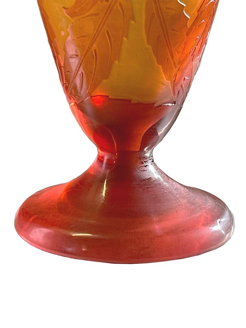 Émile Gallé small Cameo vase, Art Nouveau, ca 1900

Émile Gallé (Nancy, 1846 –1904) was a French glassmaker and furniture designer
Émile Gallé 20 cm high footed Cameo vase made in glass with multiple layers of glass. Frosted glass with yellow on