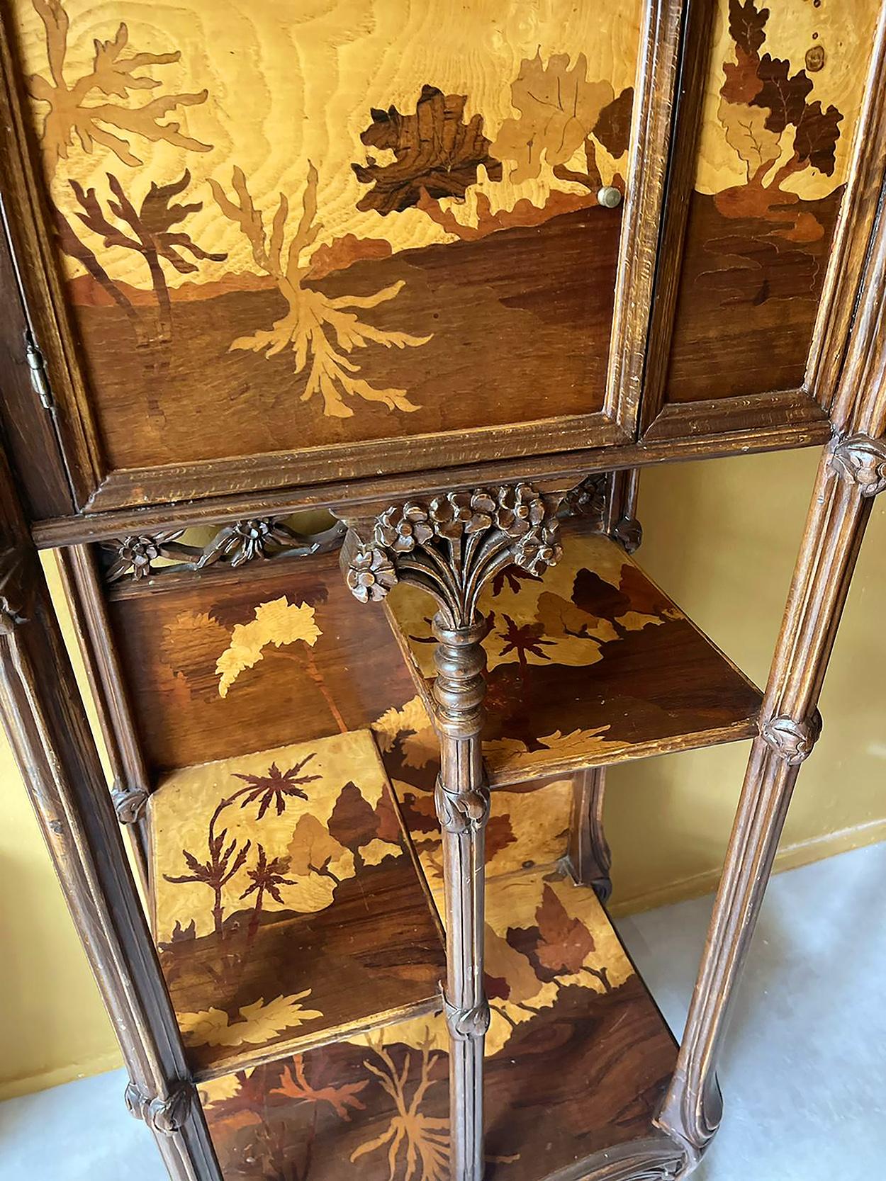 An exceptional and complex mixed wood cabinet with carved walnut and exotic wood inlays. Everything is there: the love of plants and nature with sculpted elements and the inlaid decor. Only the back side and inside the doors you see solid wood. The