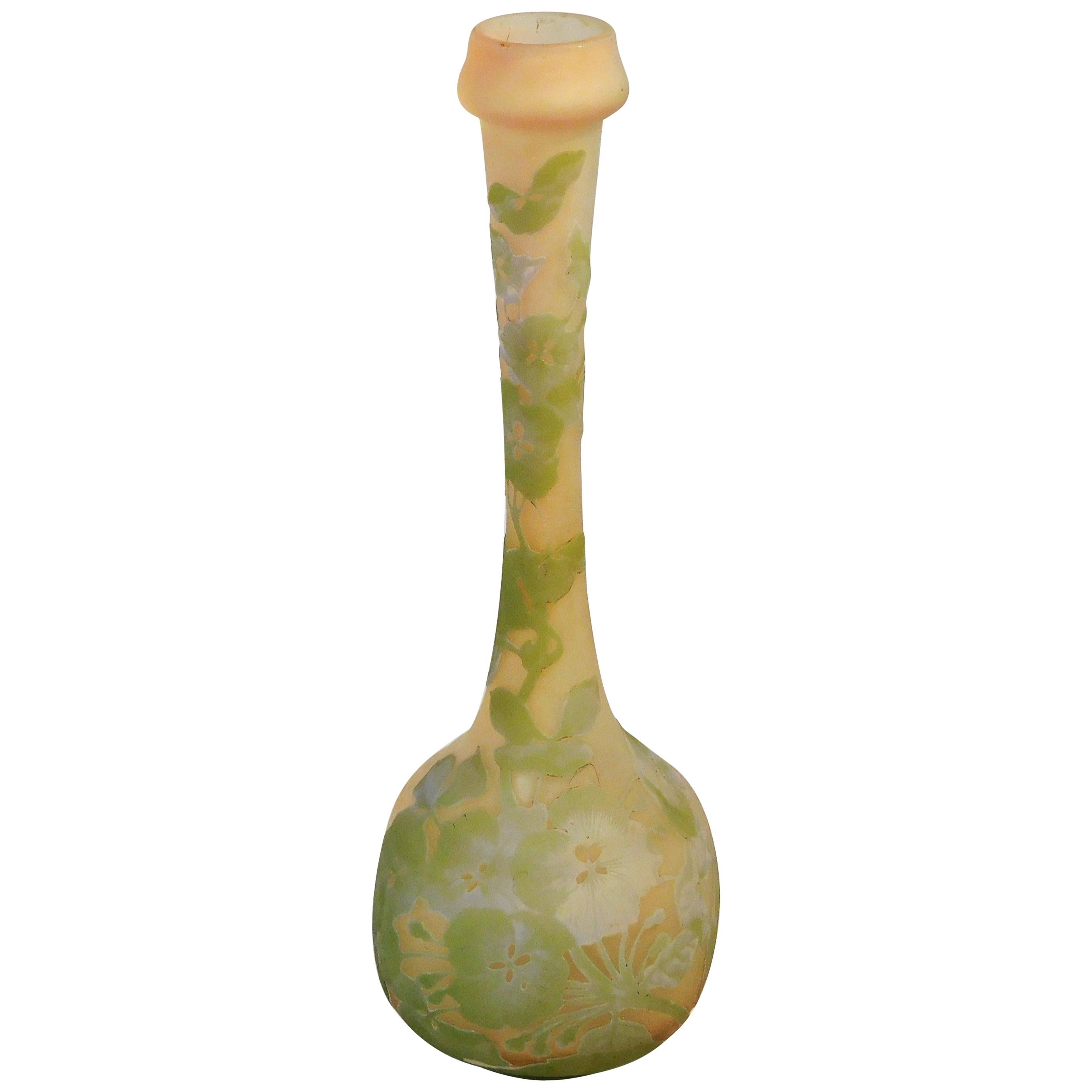 Emile Gallé Tall Blown Cameo Glass Bud Vase in Pastel Colors, circa 1905 For Sale