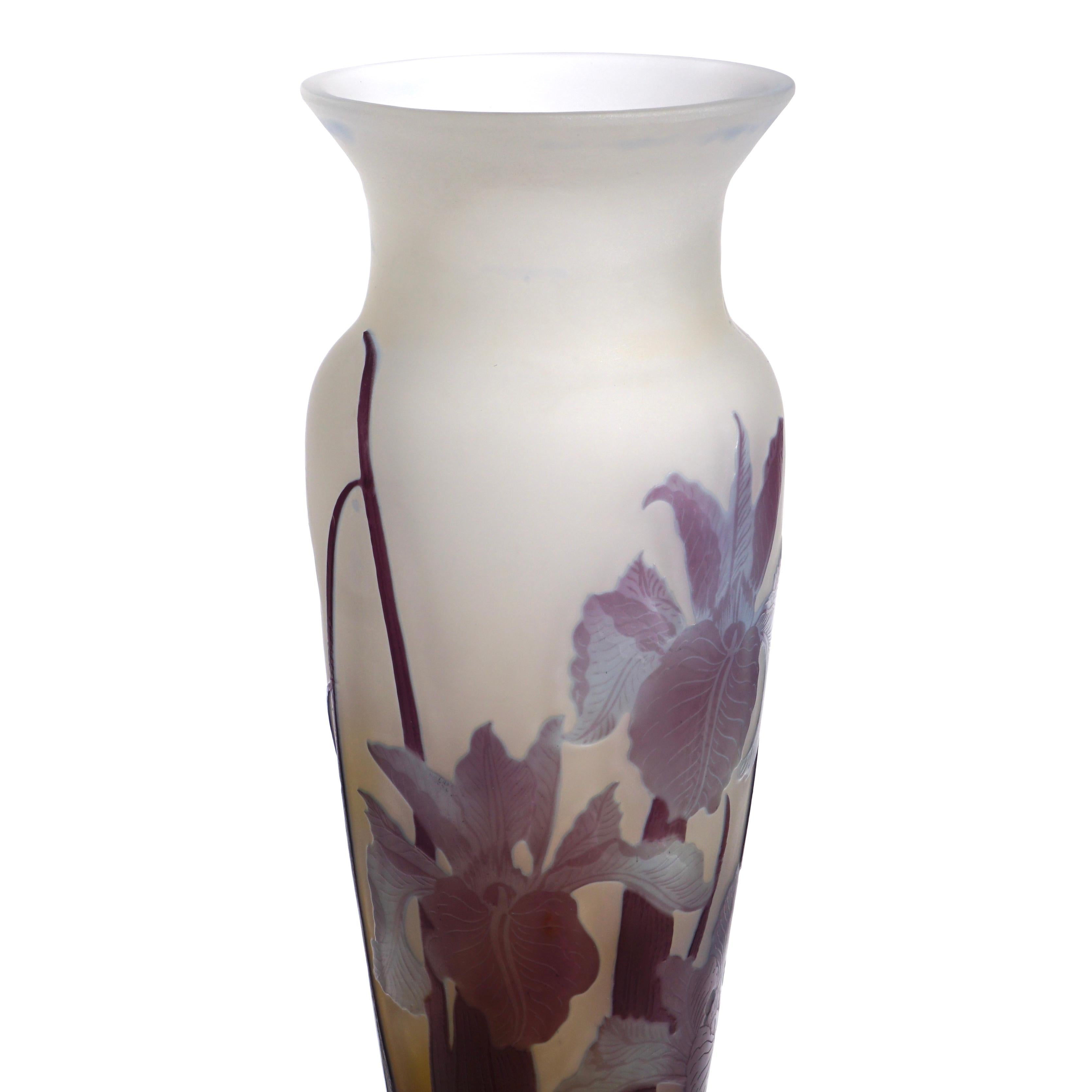 Carved Emile Galle Tall Blue Iris Vase