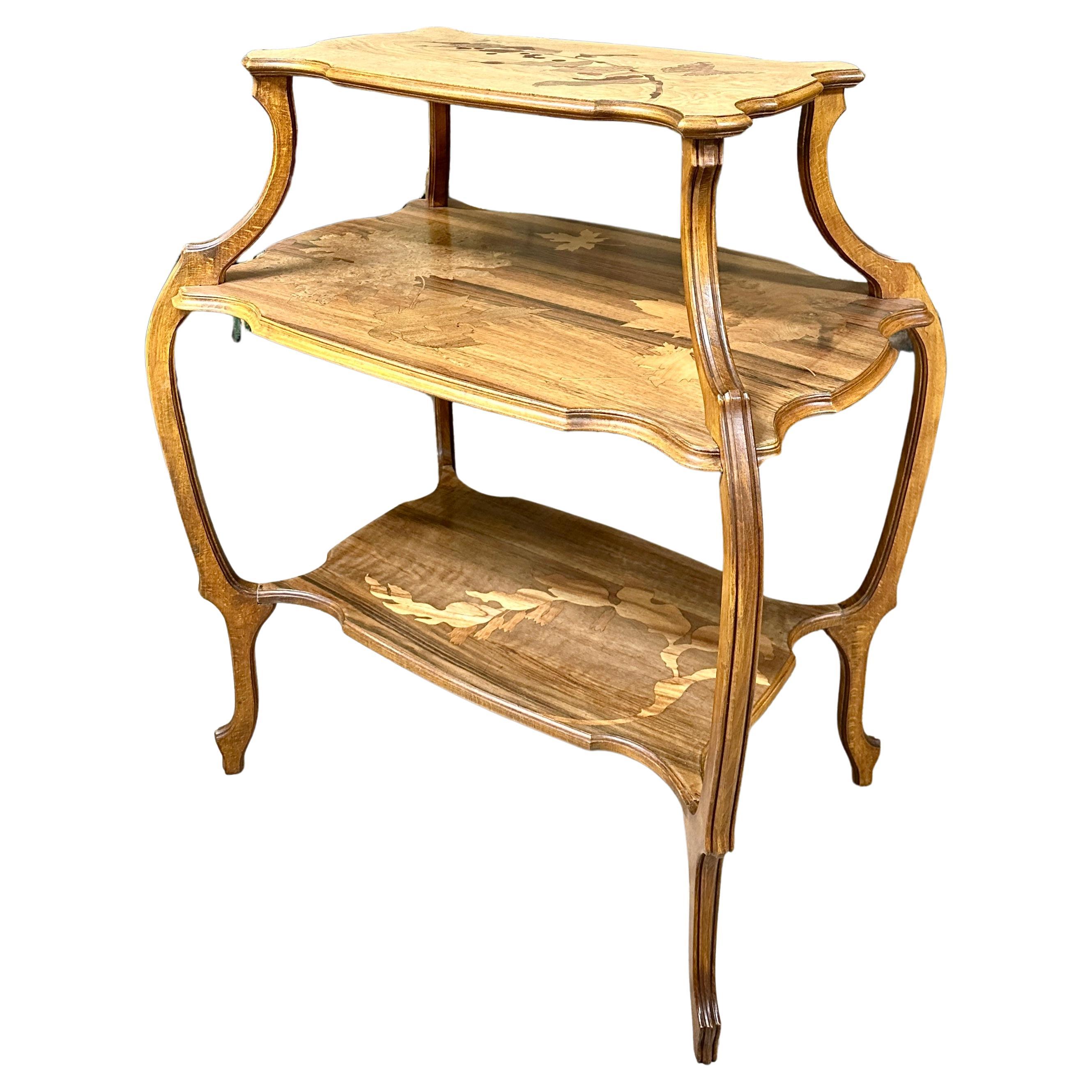 Emile Gallé - Tea Table With Three Trays In Marquetry. Art Nouveau Period, 1900s For Sale