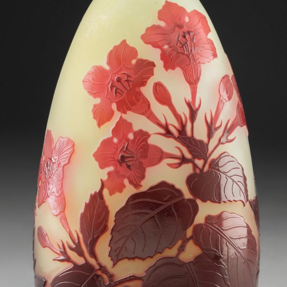 Gallé Overlay glass trumpet flower vase, circa 1900 wow! The reds on this vase pop out and the fine carving and cameo work is amongst the best I’ve seen from Galle. This vase will not last and will make a great addition to the most discerning