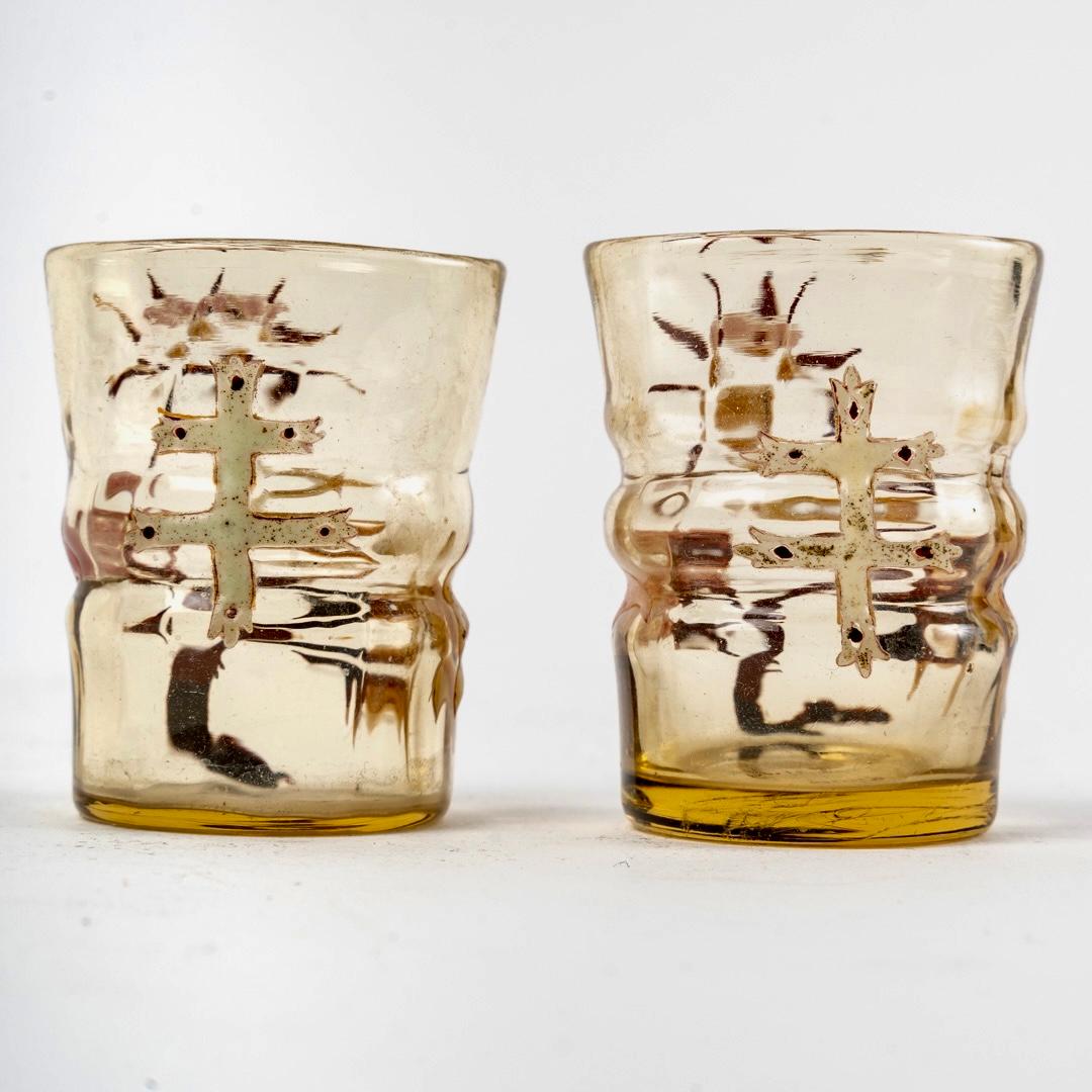 Art Nouveau Emile Gallé, Two Sake Liquor Glasses with Thistles Yellow Enameled Glass