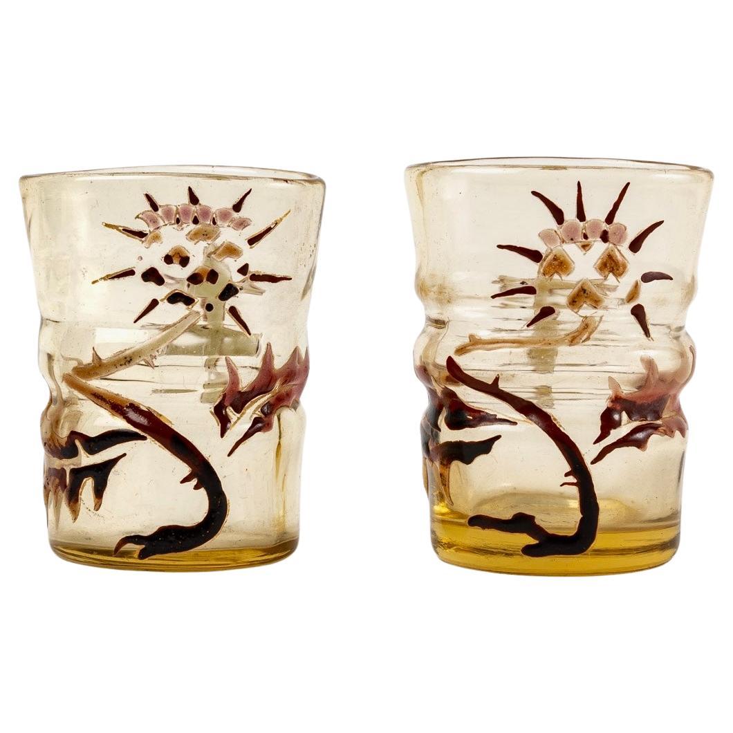 Emile Gallé, Two Sake Liquor Glasses with Thistles Yellow Enameled Glass