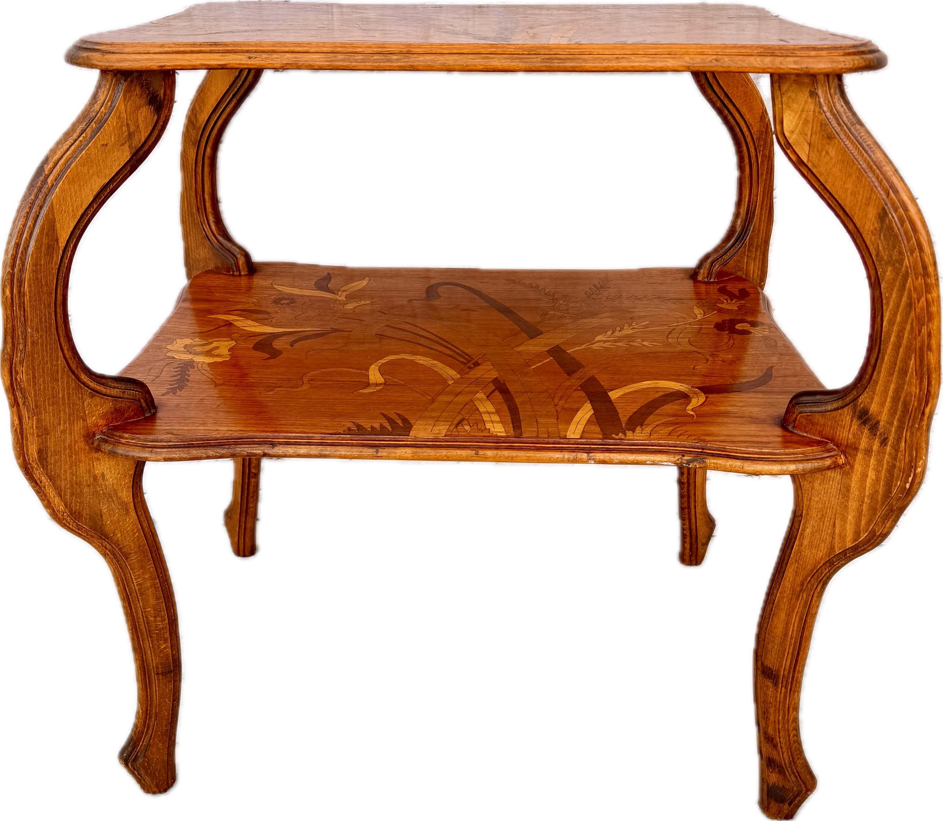 Art Nouveau Emile Gallè Two Tiered Marquetry Inlaid Table For Sale