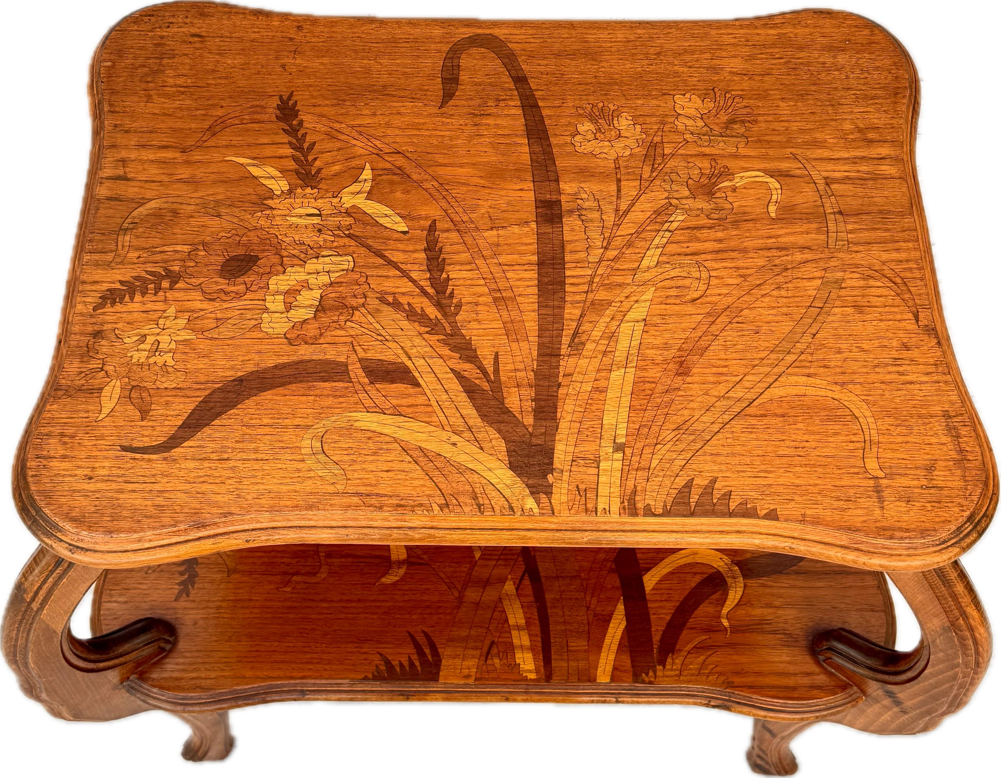 French Emile Gallè Two Tiered Marquetry Inlaid Table For Sale