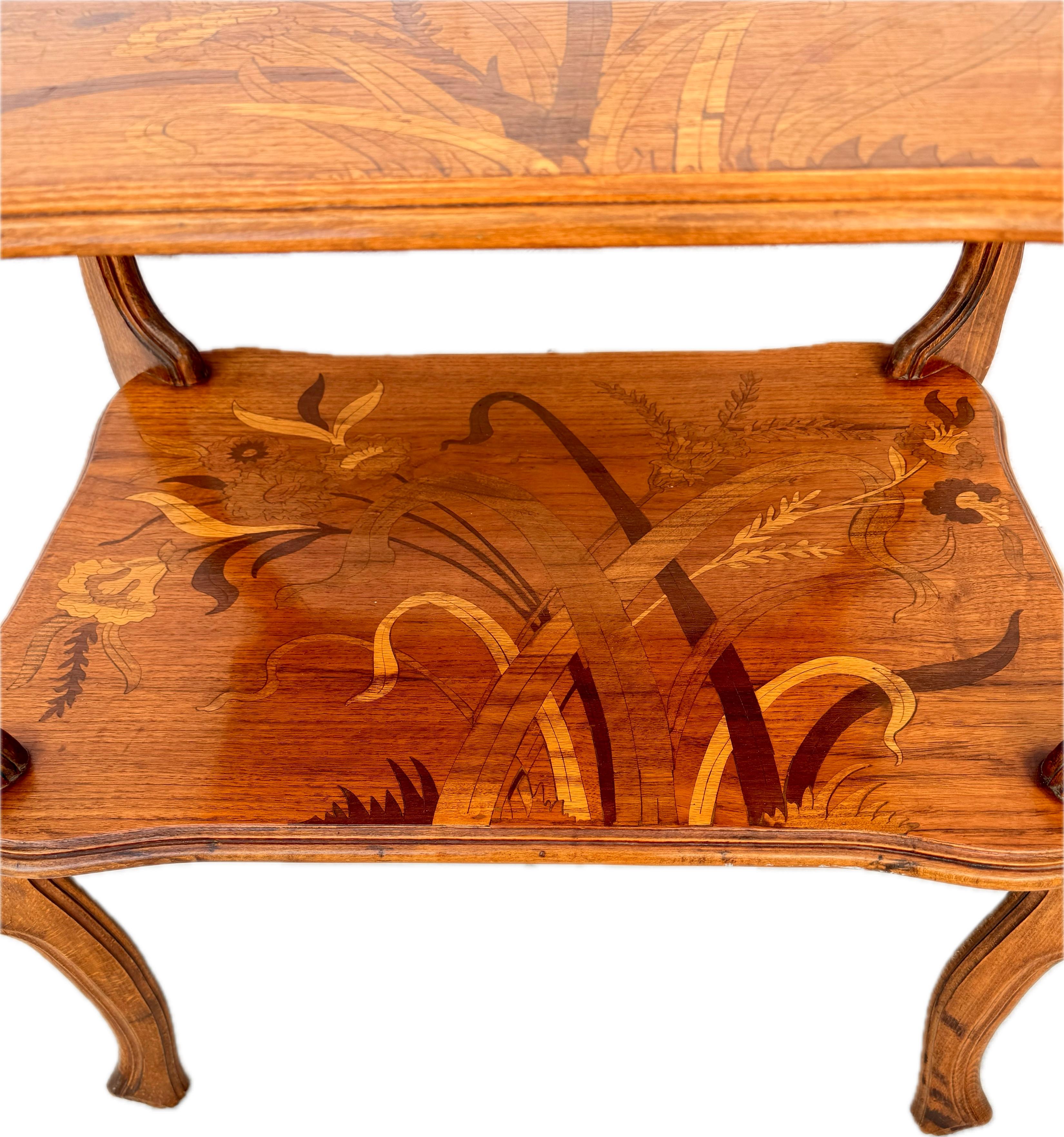Hand-Painted Emile Gallè Two Tiered Marquetry Inlaid Table For Sale