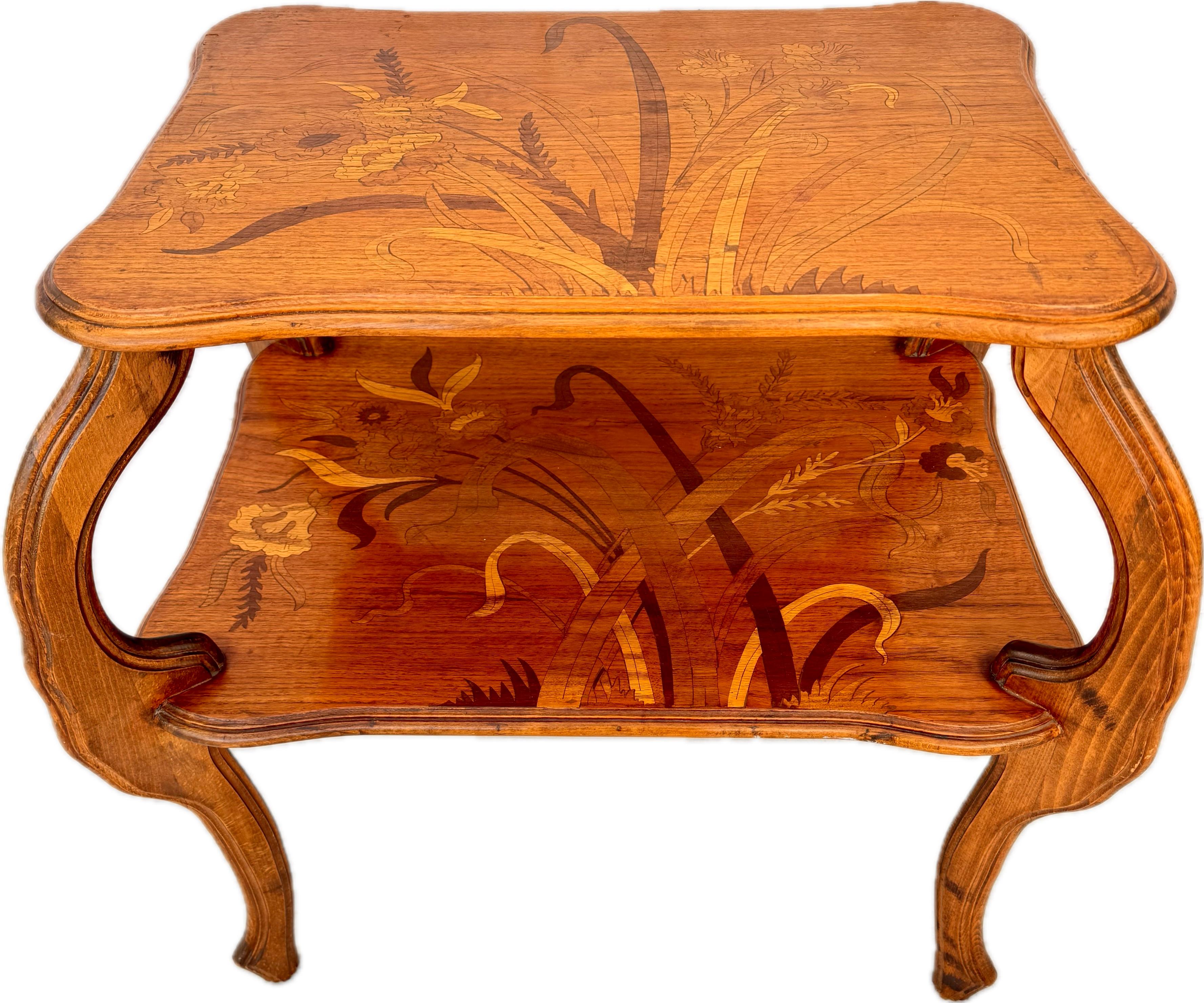 Emile Gallè Two Tiered Marquetry Inlaid Table In Good Condition For Sale In Bradenton, FL