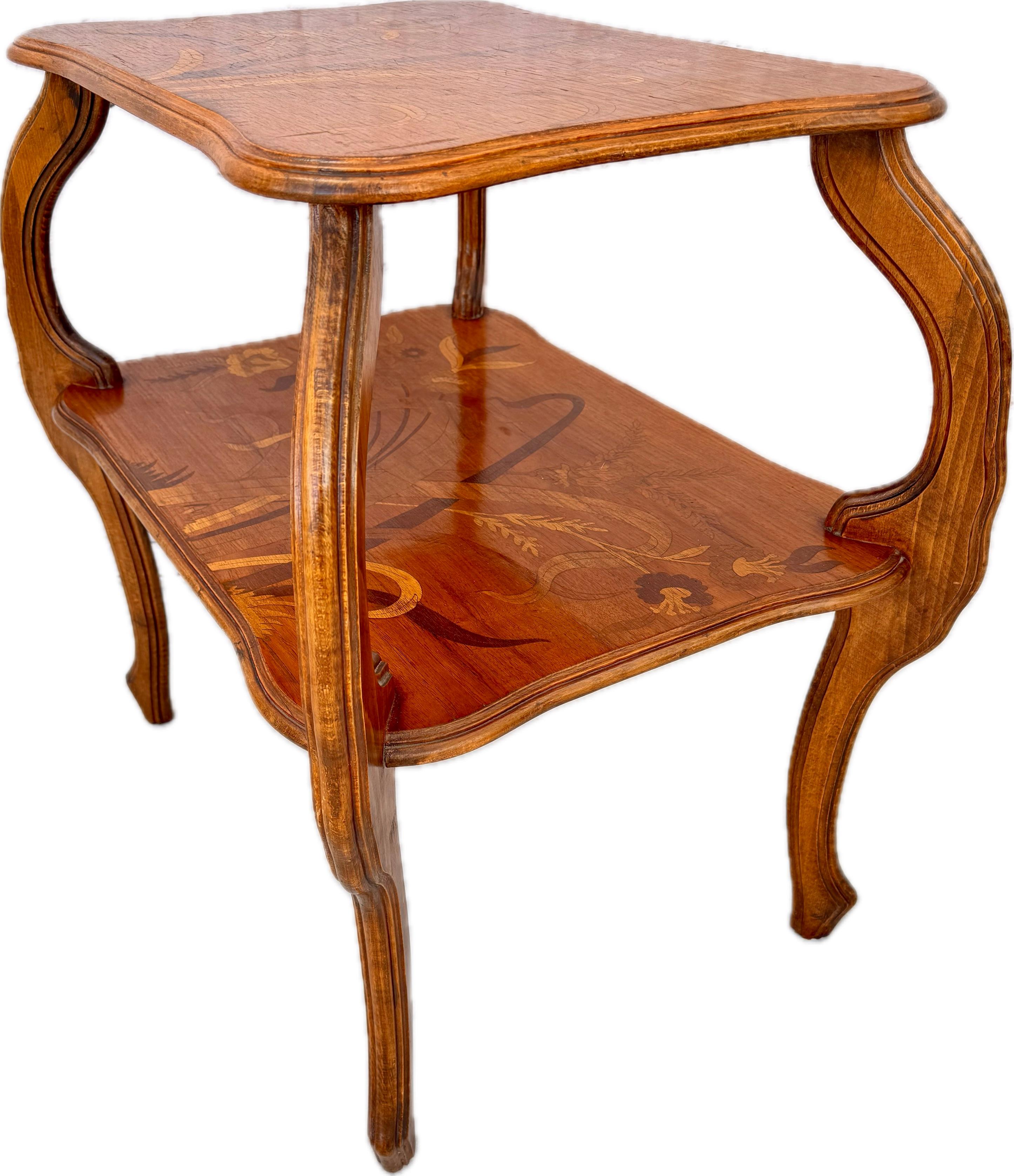 20th Century Emile Gallè Two Tiered Marquetry Inlaid Table For Sale