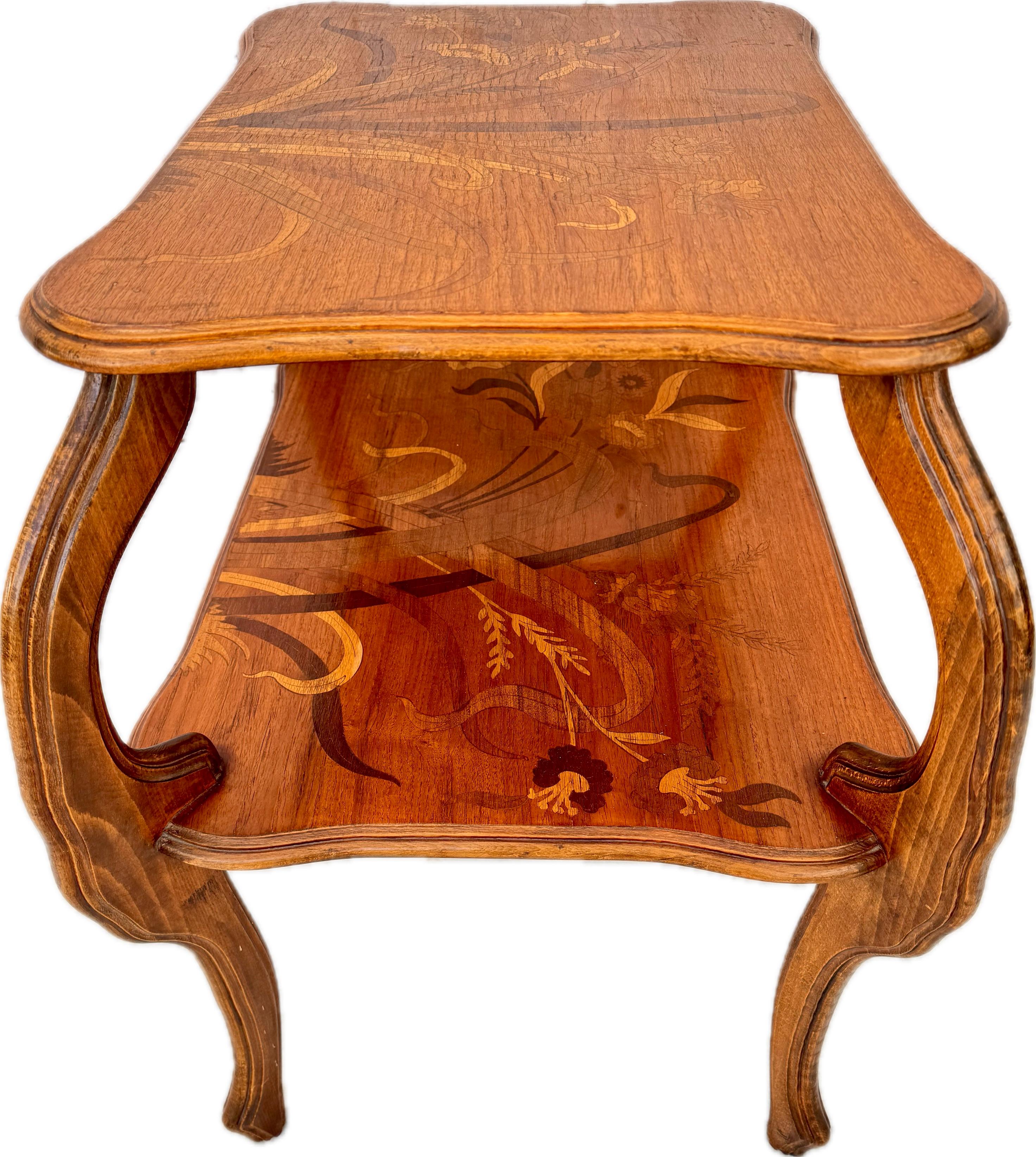 Wood Emile Gallè Two Tiered Marquetry Inlaid Table For Sale