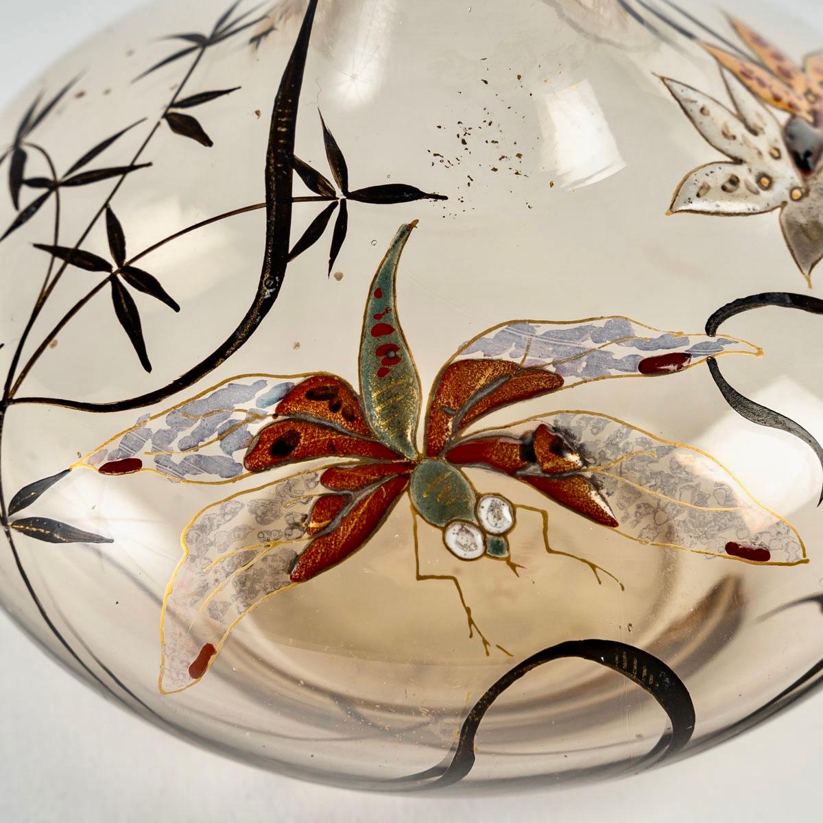 Art Nouveau Emile Gallé, Vase Cristallerie Smoked Glass Enamelled Dragonfly and Flowers