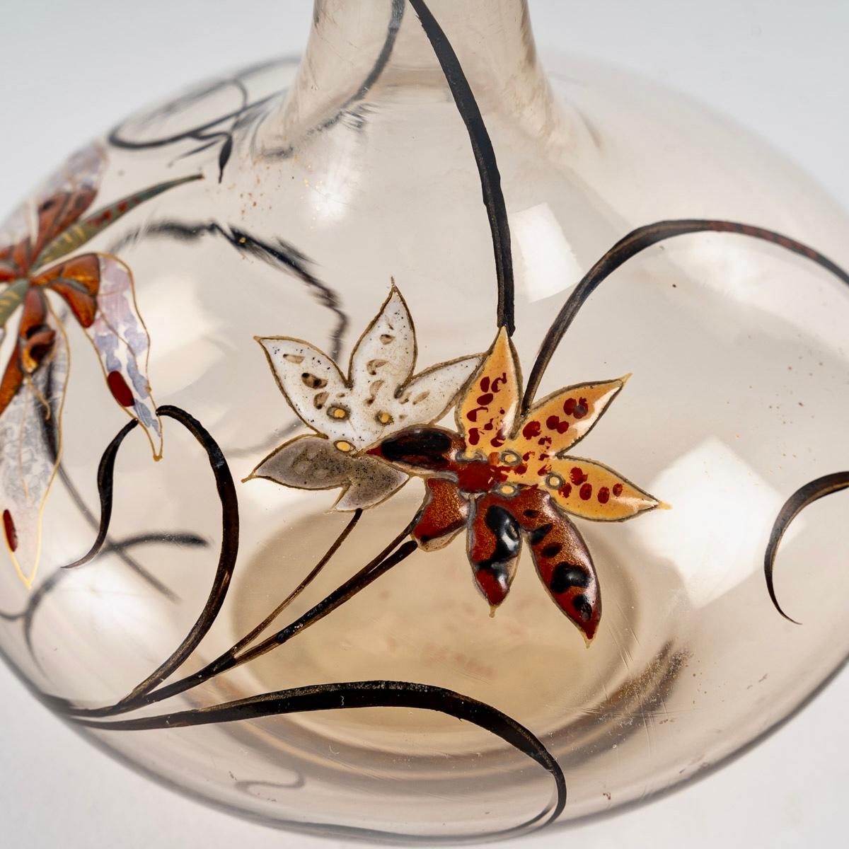 French Emile Gallé, Vase Cristallerie Smoked Glass Enamelled Dragonfly and Flowers