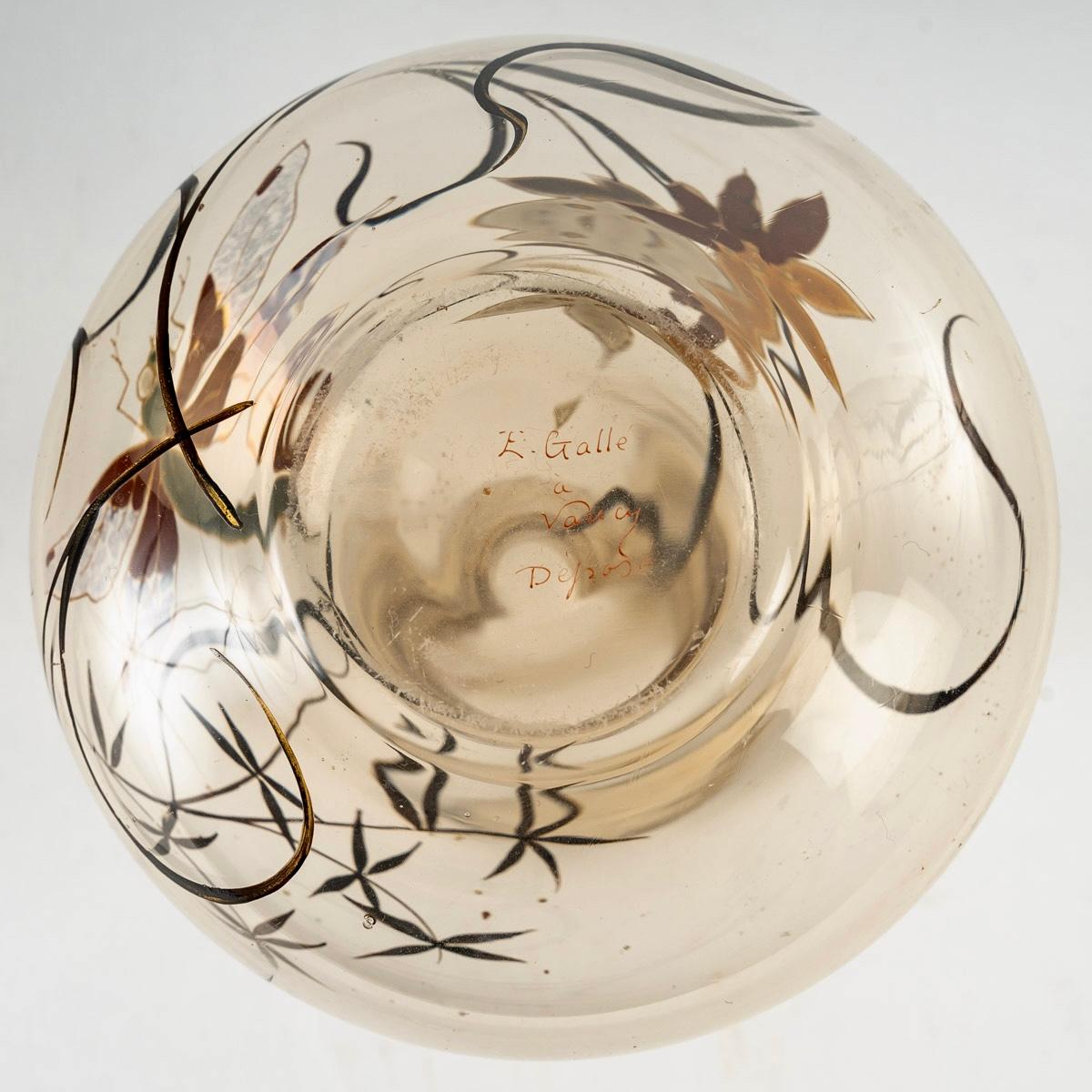 Late 19th Century Emile Gallé, Vase Cristallerie Smoked Glass Enamelled Dragonfly and Flowers