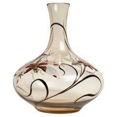 Emile Gallé, Vase Cristallerie Smoked Glass Enamelled Dragonfly and Flowers