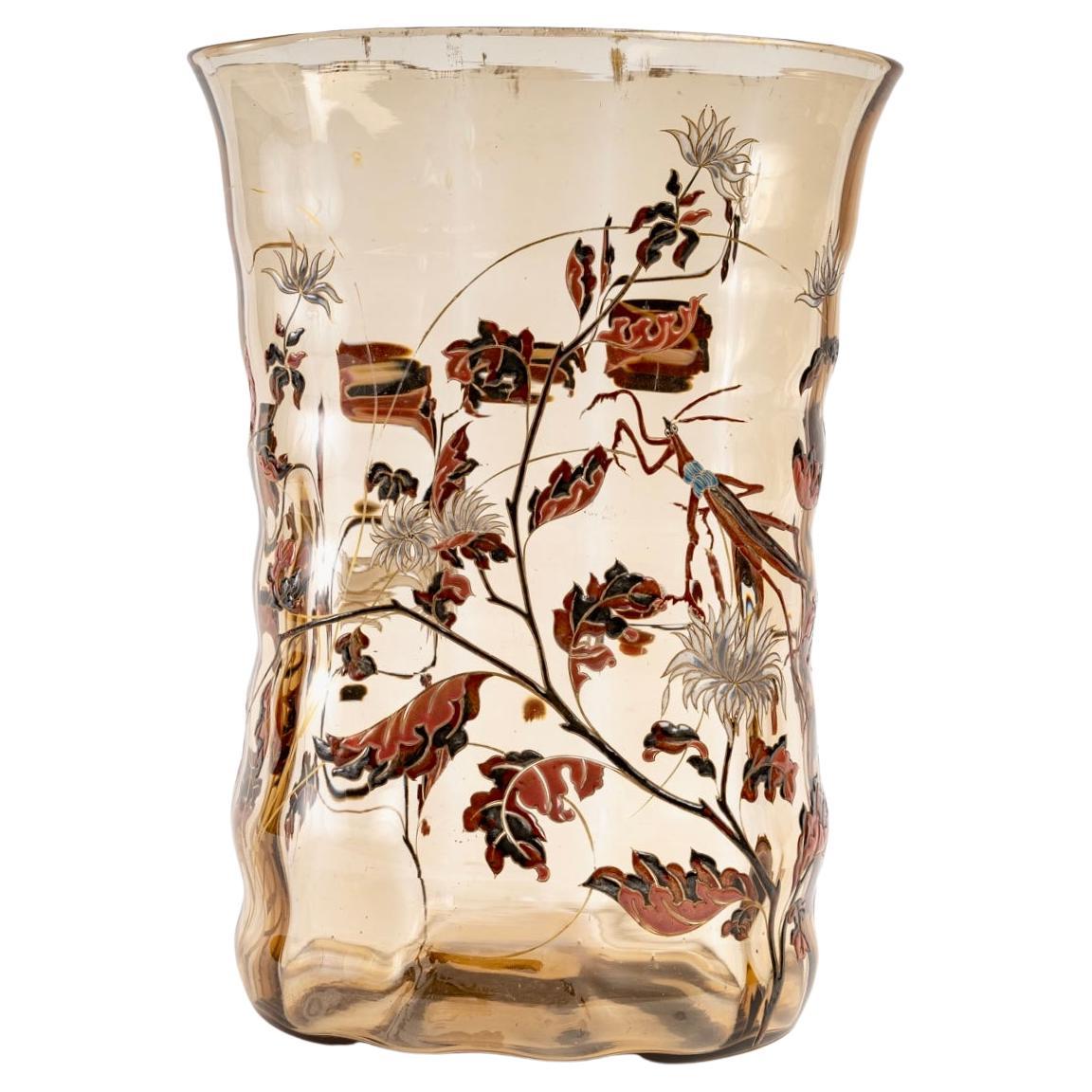 Emile Gallé, Vase Cristallerie Rauchglas Gottesanbeterin zwischen Blättern im Angebot