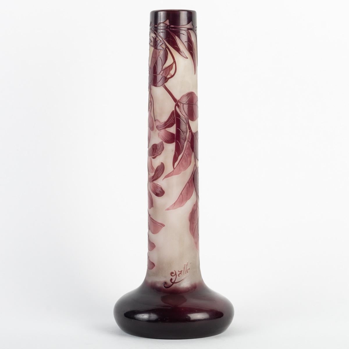 Art Nouveau Emile Gallé, Vase Glycines Wisteria Purple Cameo Acid Etched Glass For Sale