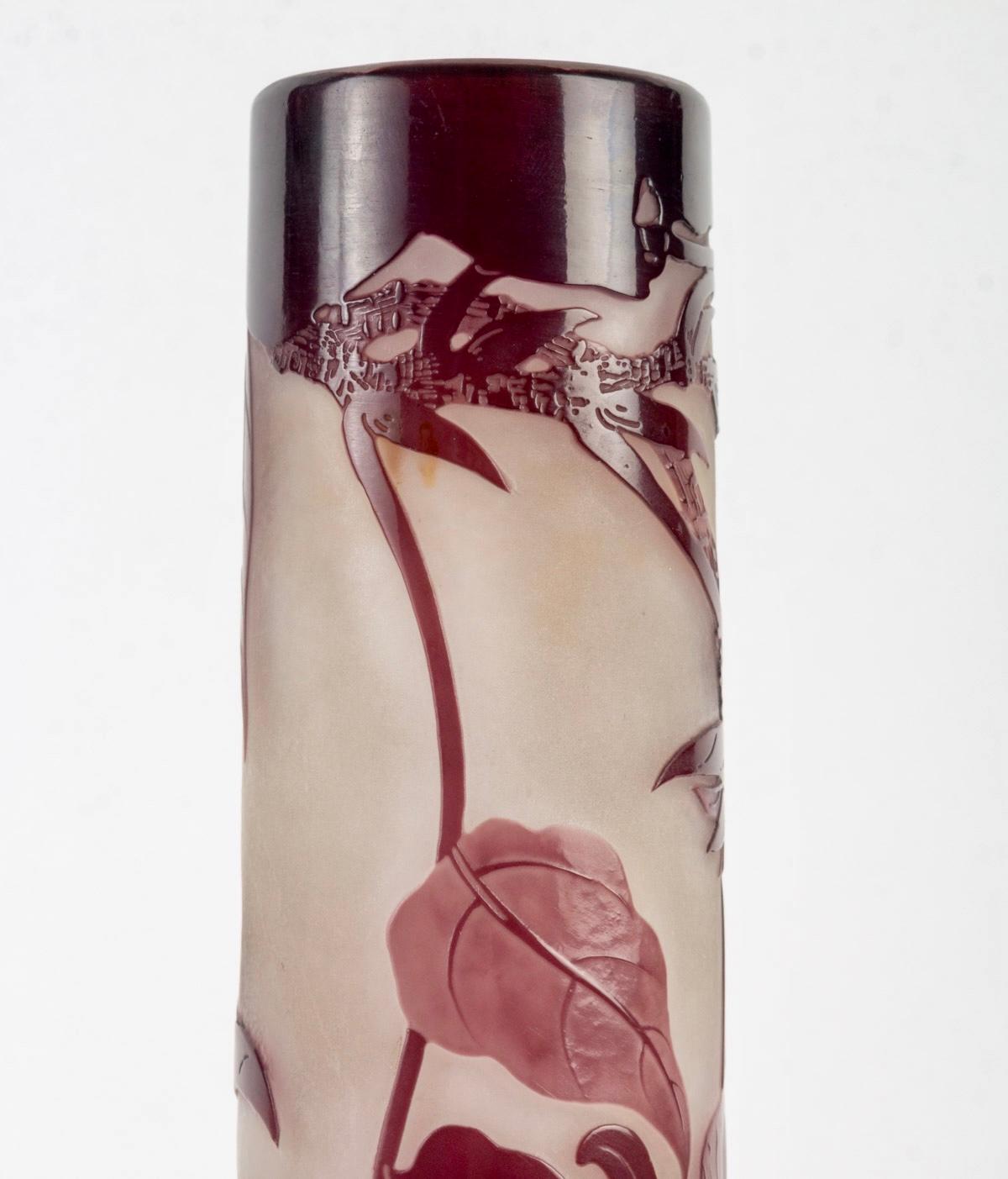 French Emile Gallé, Vase Glycines Wisteria Purple Cameo Acid Etched Glass For Sale