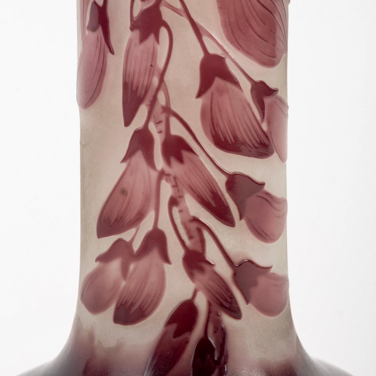 Molded Emile Gallé, Vase Glycines Wisteria Purple Cameo Acid Etched Glass For Sale