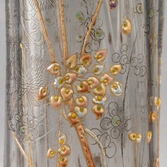 Emile Gallé Vase Grey & Opalescent Glass Engraved Thistles Enameled Snowberries